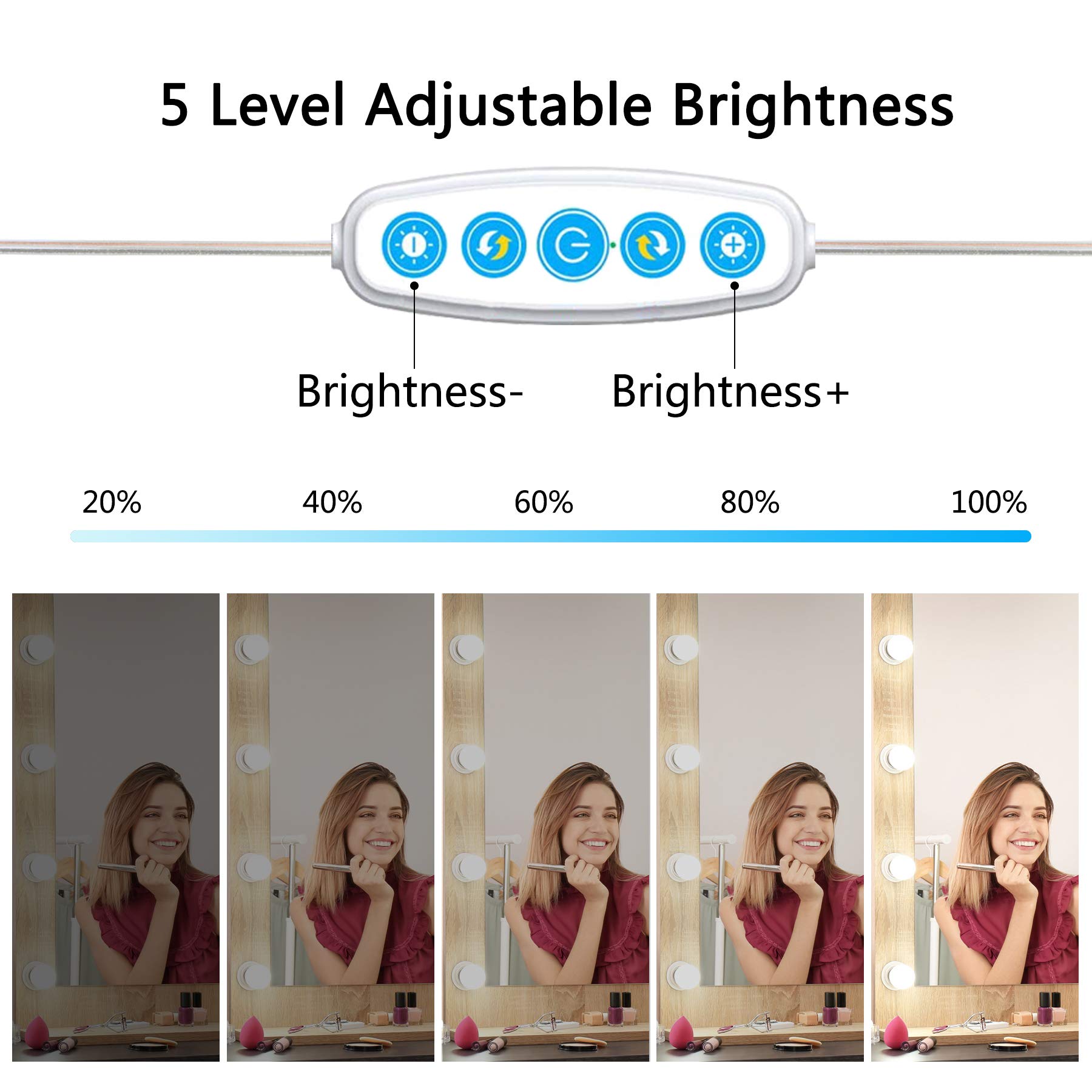 Anmossi Luci da Specchio da Tavolo per Trucco, LED Stile Hollywood con 10 Lampadine Dimmerabili,5 Livelli di Luminosità e 3 Modalità Colore, con Porta USB,3200K-6500K