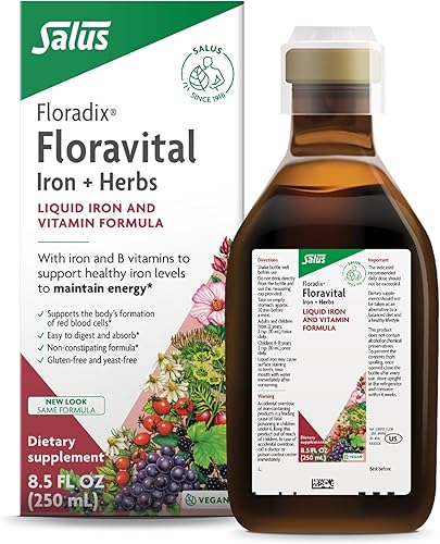 Floradix Floravital Fórmula líquida de hierro y vitaminas, suplemento de hierro líquido con vitaminas C y B y hierbas para apoyo energético, vegano,