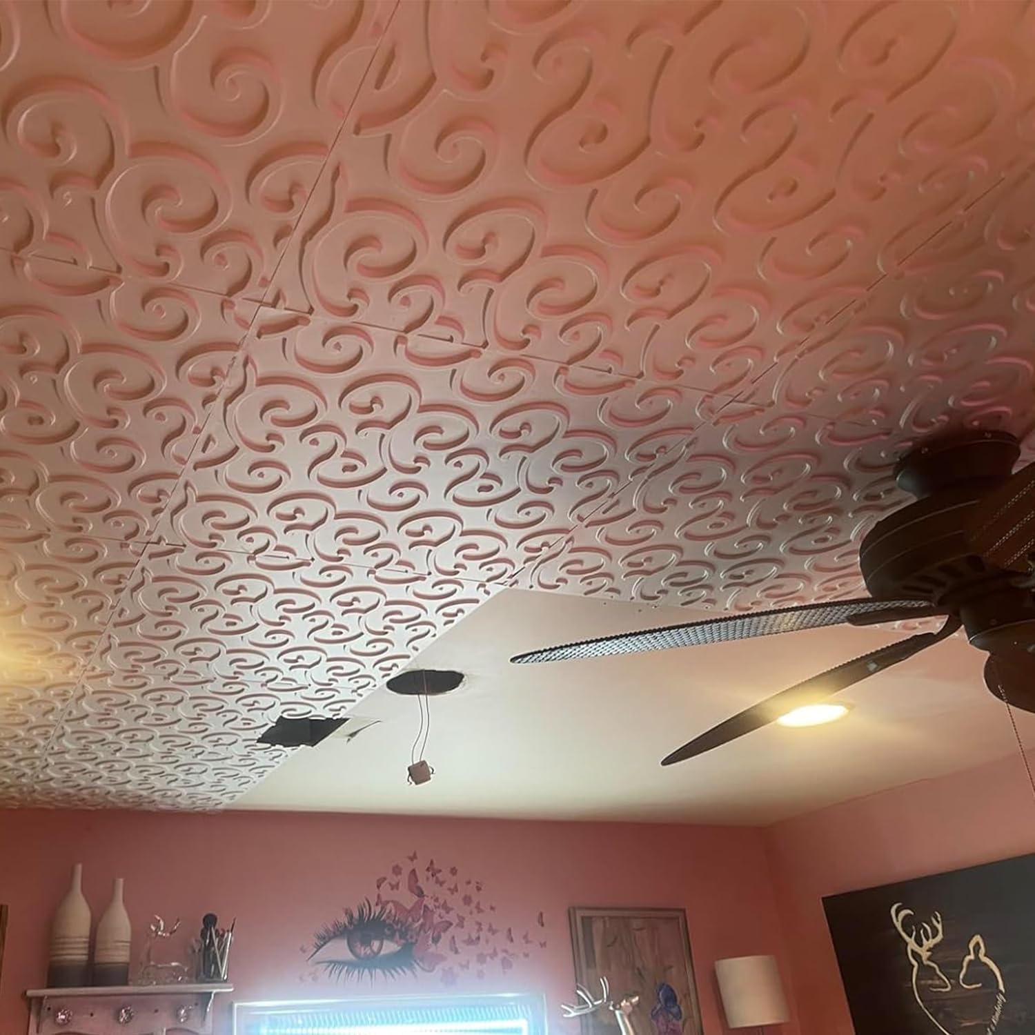 STICKGOO Decorative Drop-in Ceiling Tiles 24x24, Decorative PVC Glue-up Ceiling Panels in White(Pack of 12pcs)