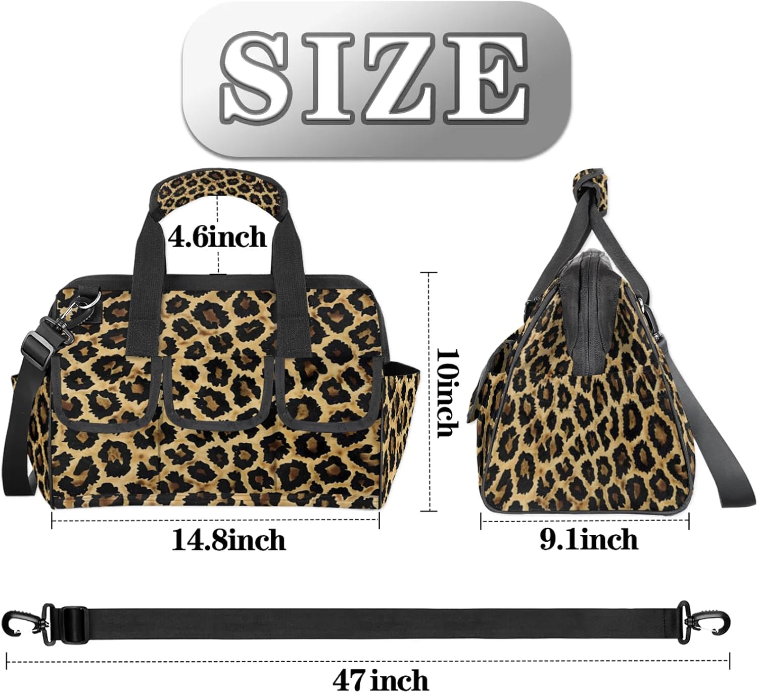 Leopard Print Wild Safari Skin Tool Bags for Men and Women 14.8 Inch, Heavy Duty Waterproof Tool Box Organizer Bag, Wide Mouth Tool Tote Storage Bag with Adjustable Shoulder Strap