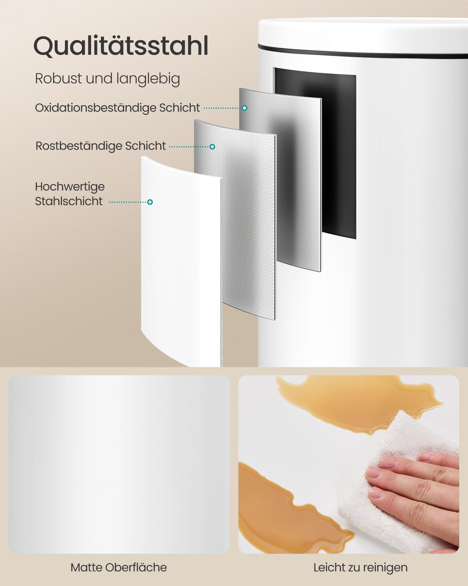 SONGMICS Mülleimer Küche, weiß, 30 L, mit Deckel, Softclose