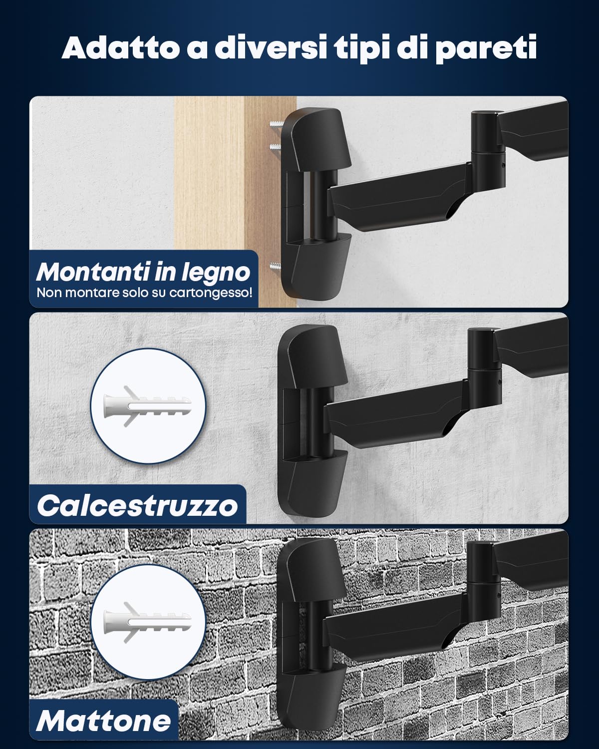 Supporto a muro per monitor con molla a gas 17–32" – Braccio extra lungo 76,9 cm, orientabile e regolabile in altezza, VESA 75/100, fino a 9 kg