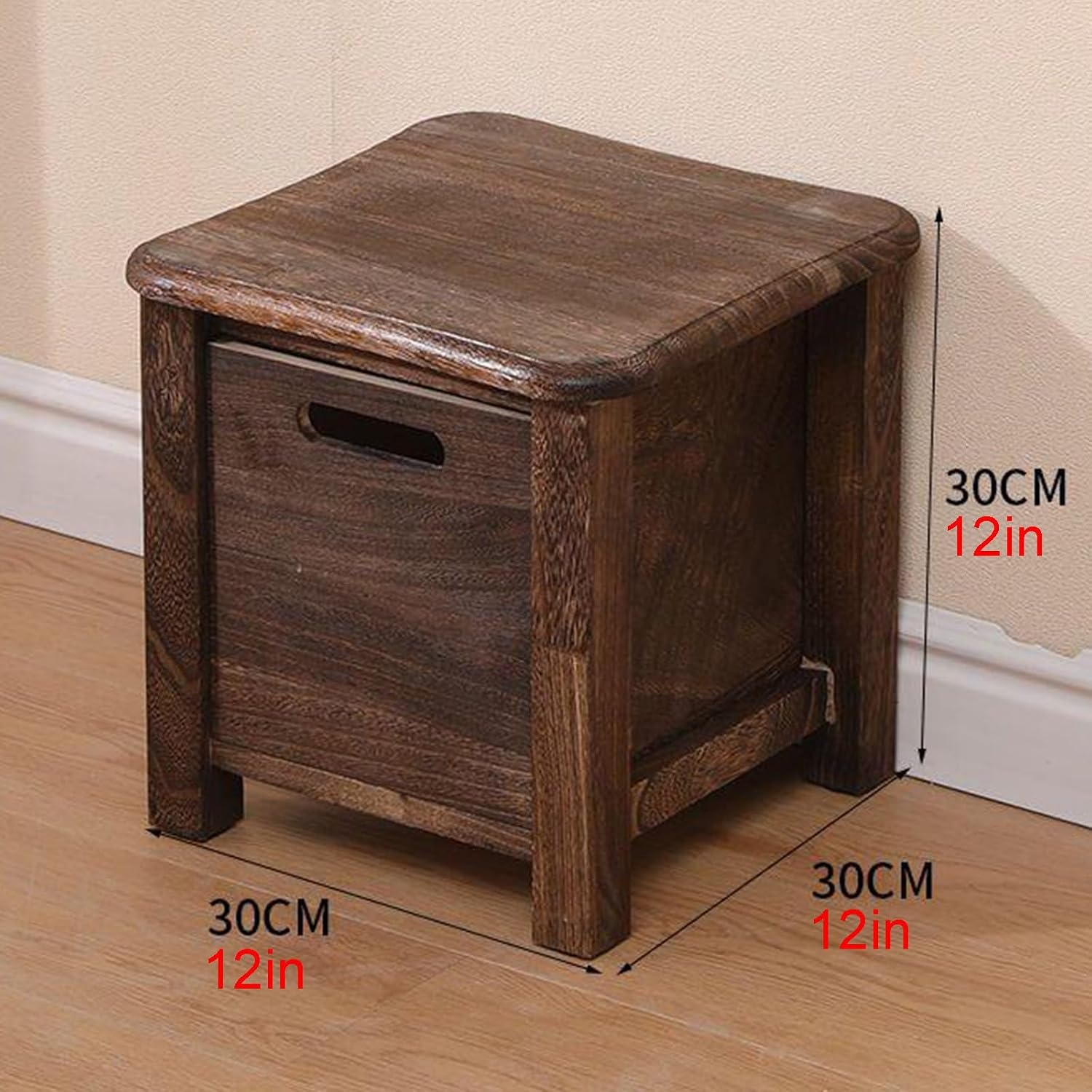 X-Large Solid Wood Storage Stool with Drawer, Compact Shoe Bench for Entryway & Living Room, No Assembly Required, Rounded Edges, Stylish Brown Design