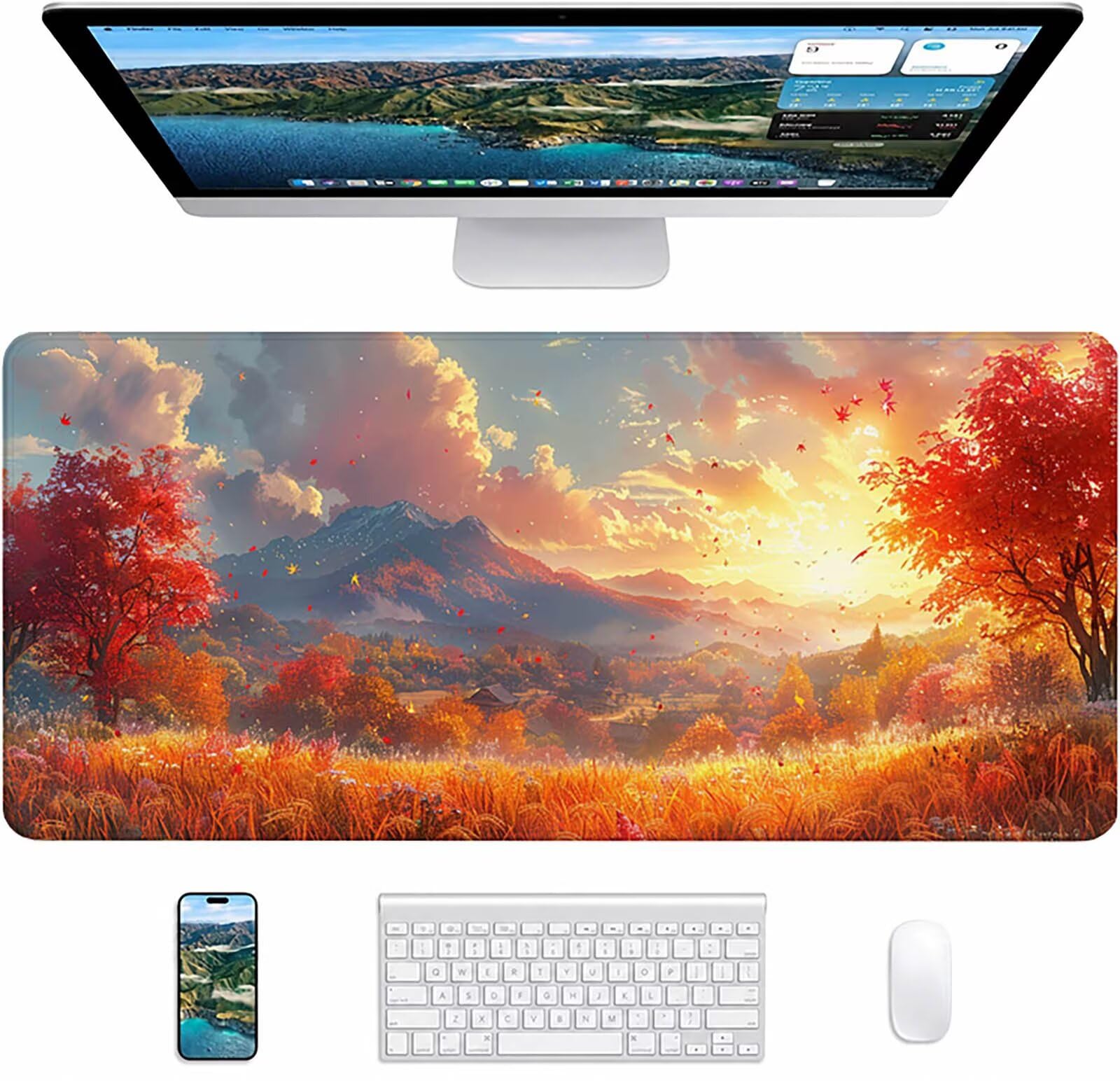 Żółta podkładka pod mysz, zachód słońca, XXL 1600 x 800 x 3 mm, podkładka na biurko z przyszytymi krawędziami, podkładka pod mysz, dla graczy, poprawia precyzję i prędkość, akcesoria na biurko