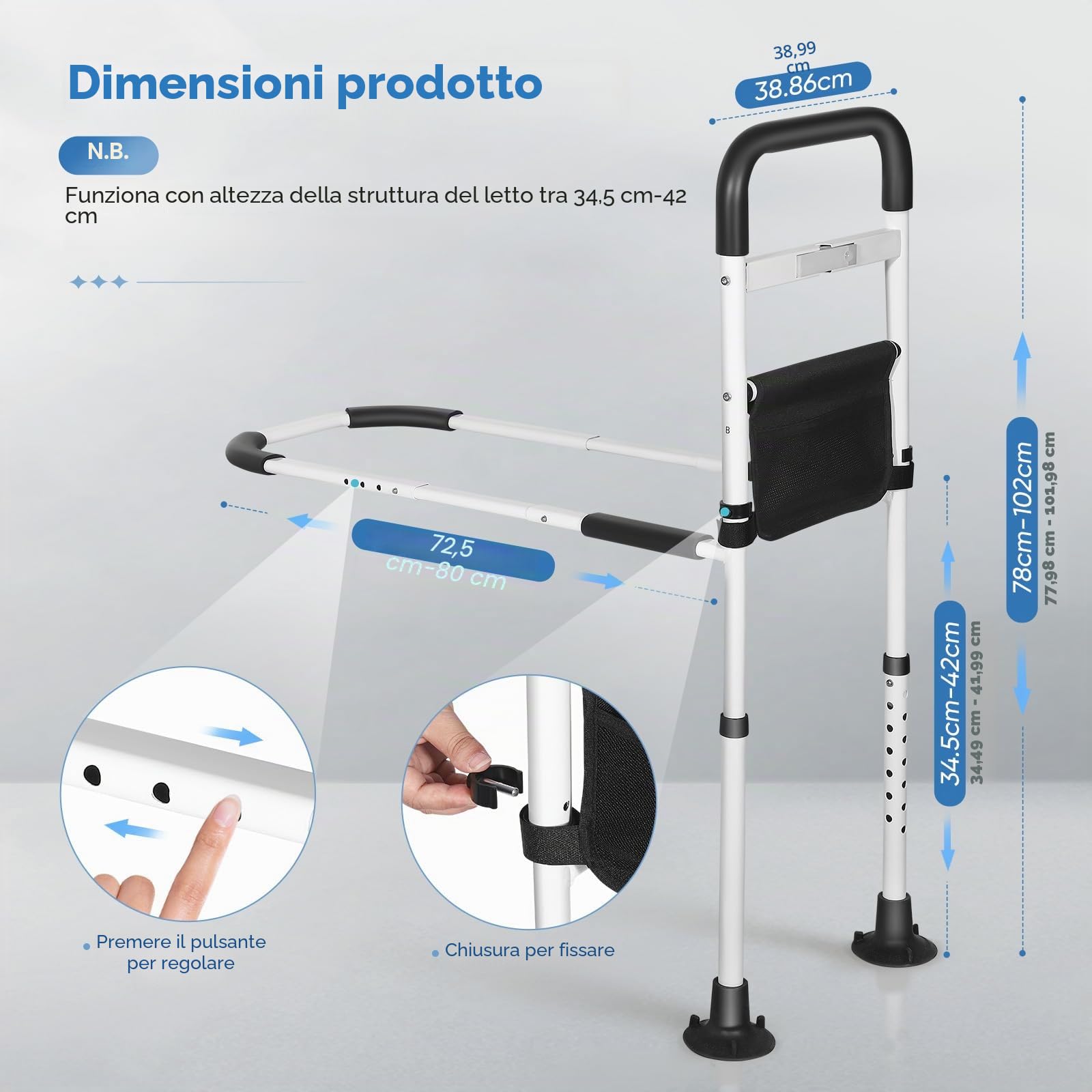 Griglia da letto per adulti anziani con lampada, manico antiscivolo regolabile, telaio in acciaio stabile, facile da installare, custodia per riporre – sicurezza e supporto per anziani