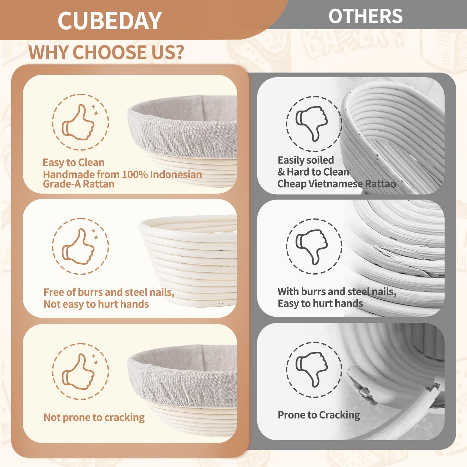CUBEDAY Banneton Bread Proofing Basket,Sourdough Bread Baking Supplies,Sourdough Starter Kit with 9