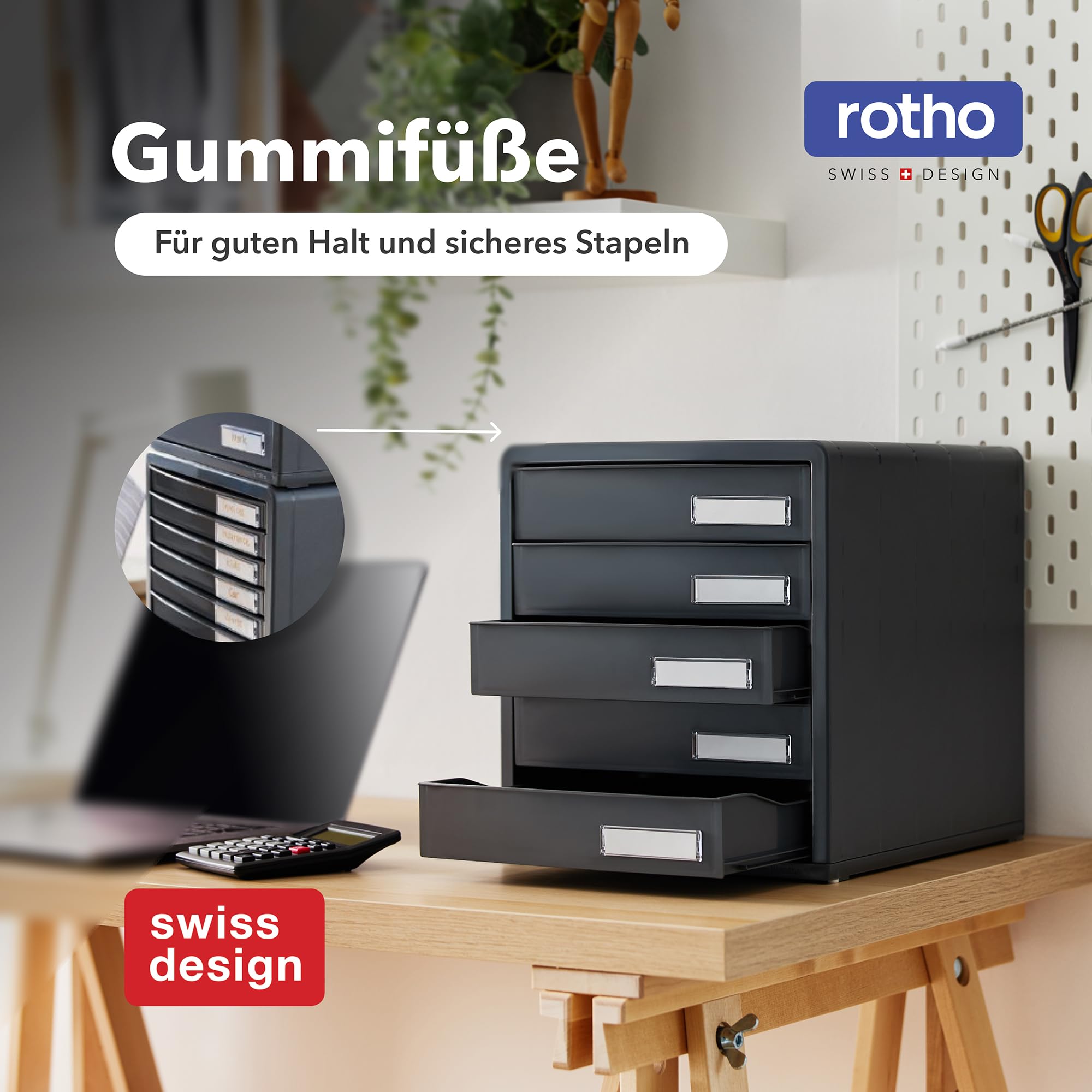 Rotho Timeless Schubladenbox / Bürobox mit 5 Schüben, Kunststoff (PS) BPA-frei, anthrazit, (34.5 x 29.0 x 32.0 cm)