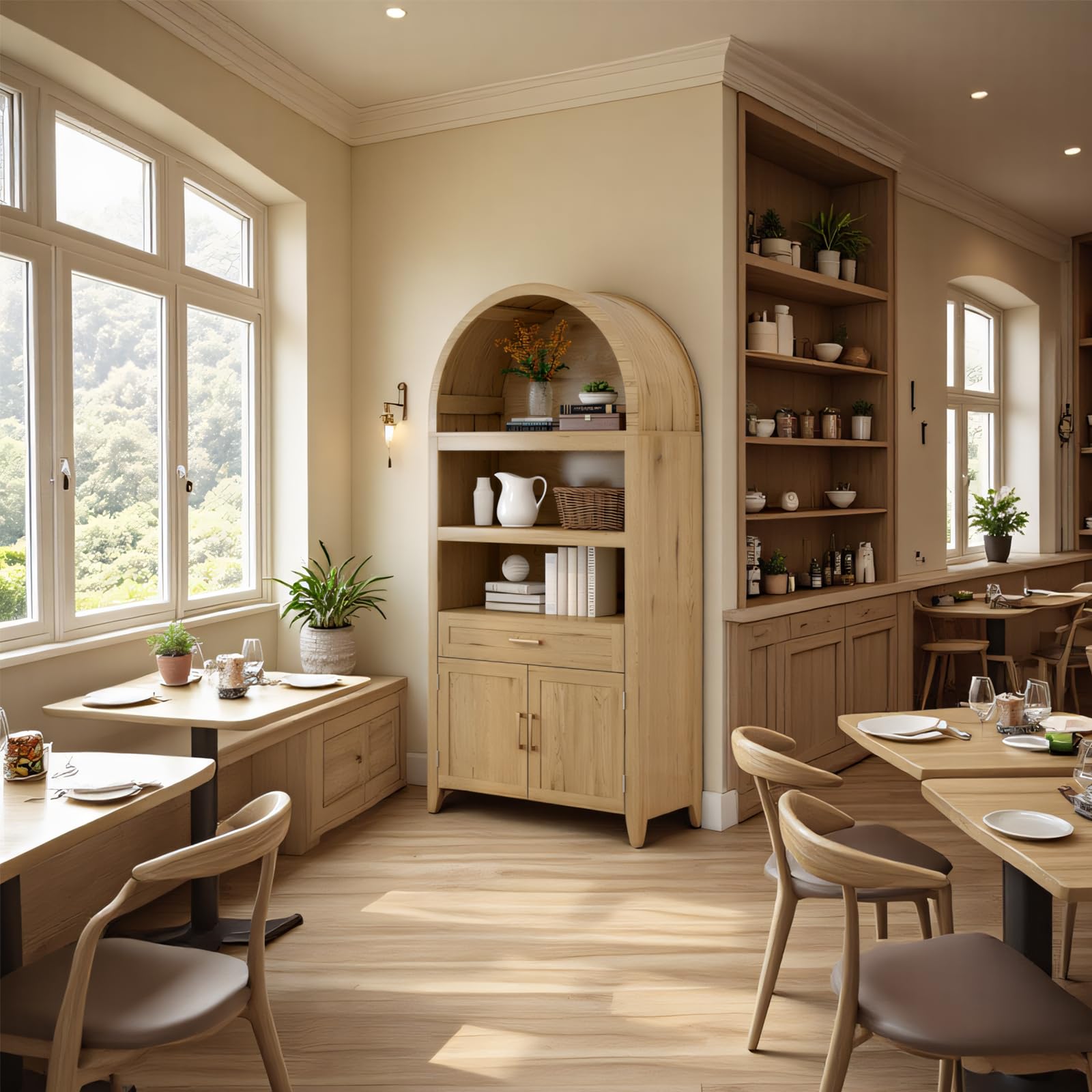 Armadietto corto ad arco con cassetti, libreria moderna in legno con anta, vetrina ad arco con ripiani, libreria per cucina, soggiorno, camera da letto, ingresso, naturale