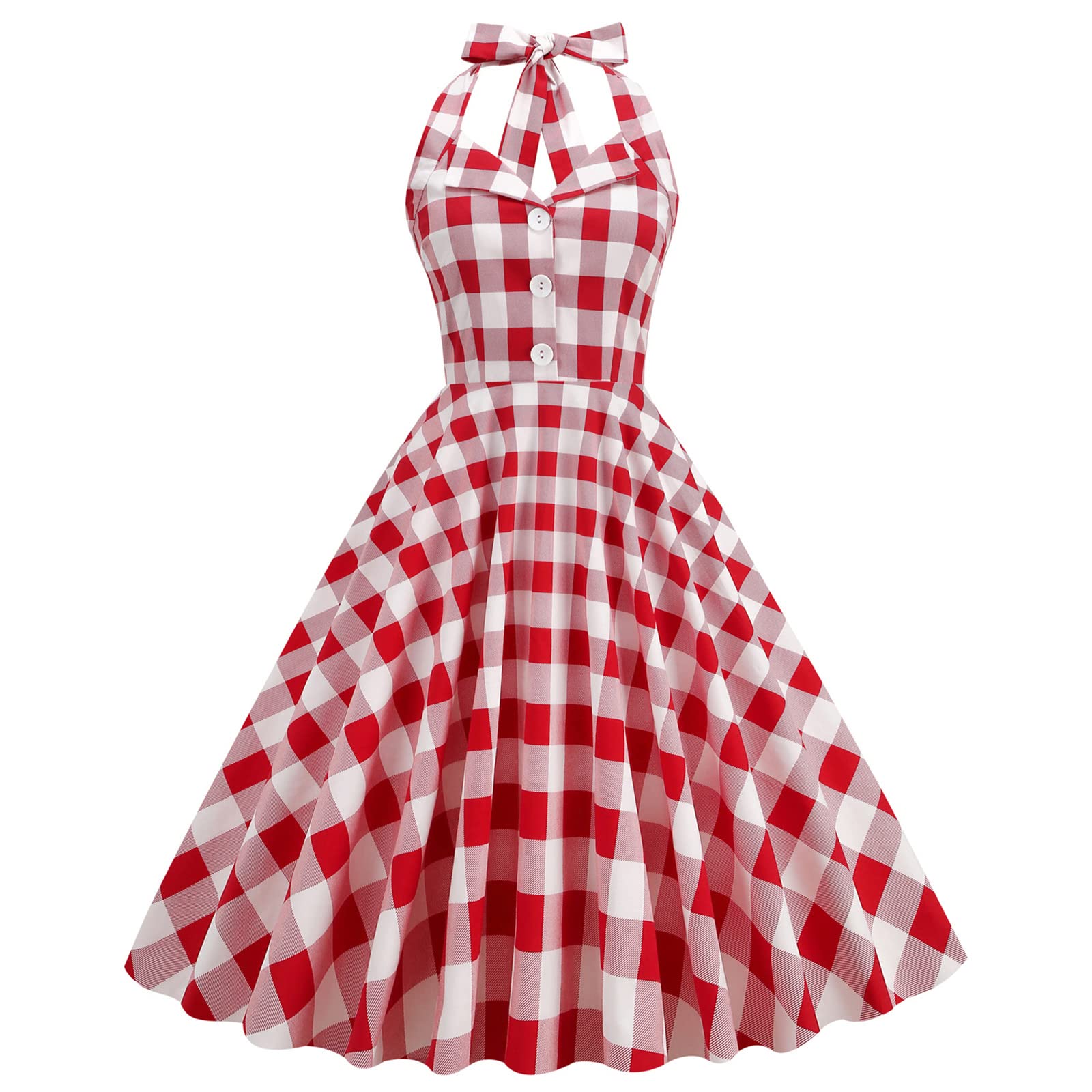 Women Halter Neck 50s Vintage Polka Dots Cocktail Swing Dress Retro Button Check Gingham Dress Pin up 1950s Audrey Rockabilly Prom Dress Bandage