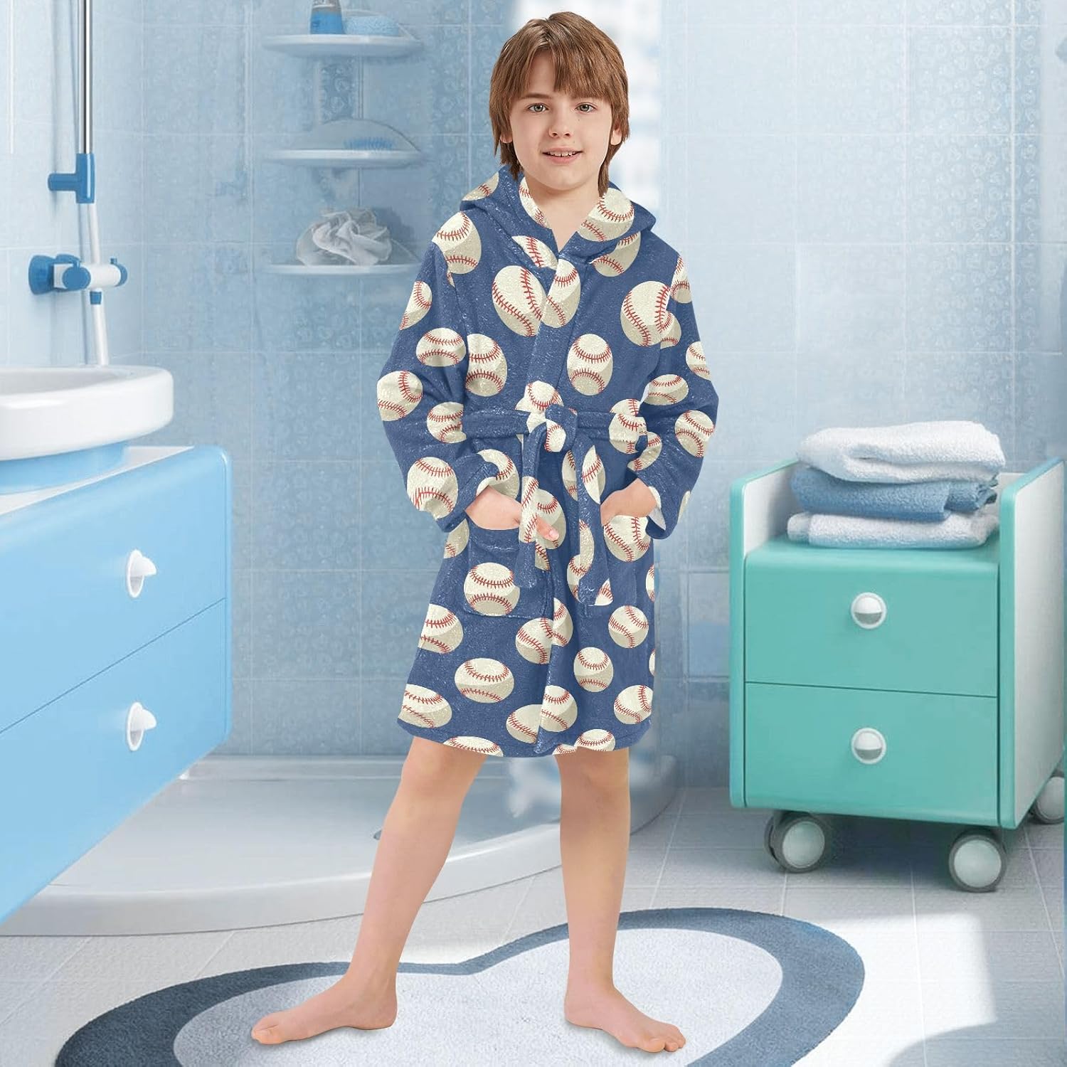 Bathrobe Fleece Hooded Robes Soft Sleepwear Cute Print Housecoat Gown with Pockets