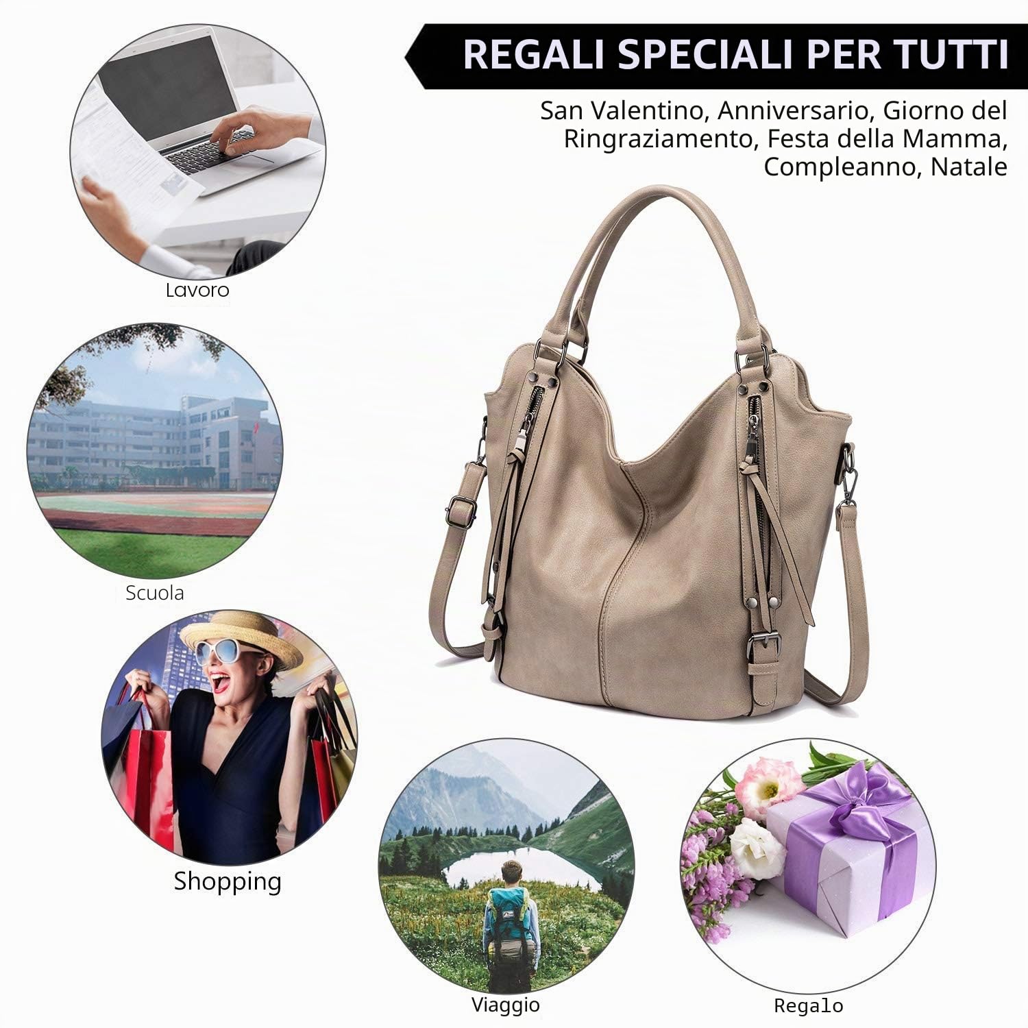 Realer Borsa Donna Set Grande Borse a Mano Ecopelle Borsa a Tracolla Hobo Tote Clutch 2 Pezzi Cachi