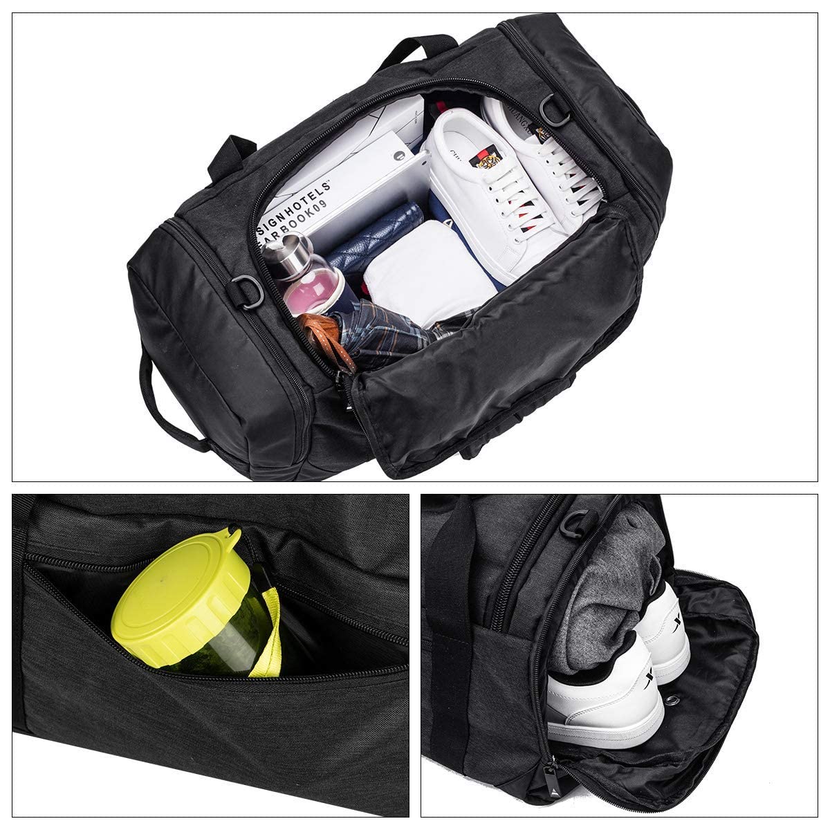 Gym Duffle Bag Backpack Waterproof Sports Duffel Bags Travel Weekender Bag for Men Women Overnight Bag with Shoes Compartment Black - Image 2