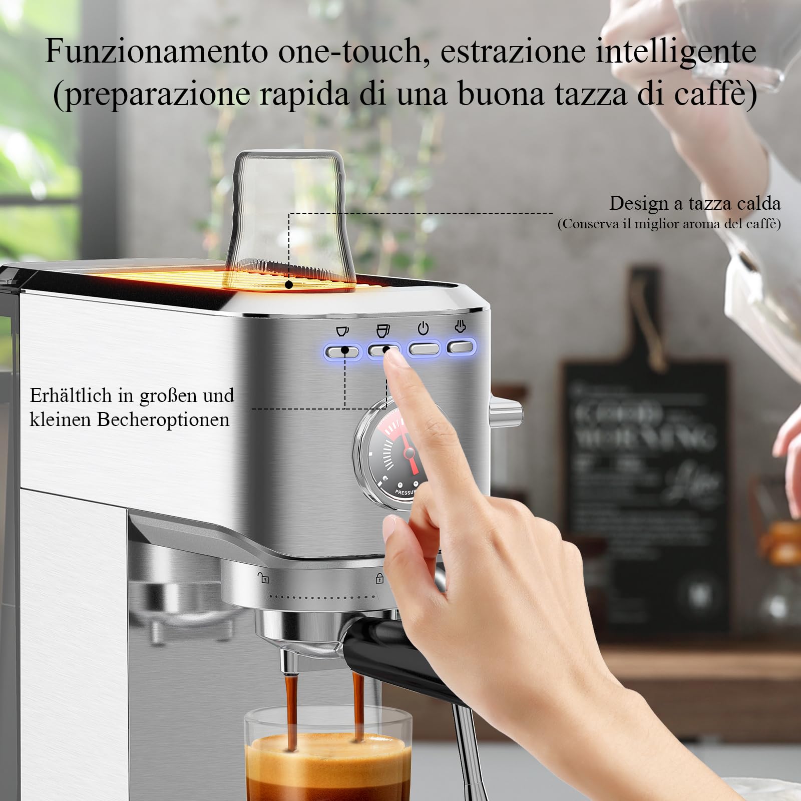 KOTLIE CM5080 Macchina per Espresso, Macchine per Cappuccino Con Montalatte e Manometro Visivo,20 Bar,1350 W,1 L Rimovibile Serbatoio