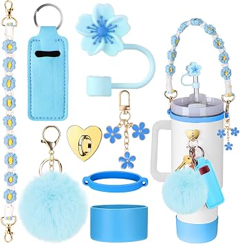 Mity rain Cup Accessories for Stanley Cup 30oz 40oz Tumbler with Handle, Including Water Bottle Handle Strap, Chapstick Holder, Boot, Keychain Charms, Straw Topper Cover Cap for Stanley Blue
