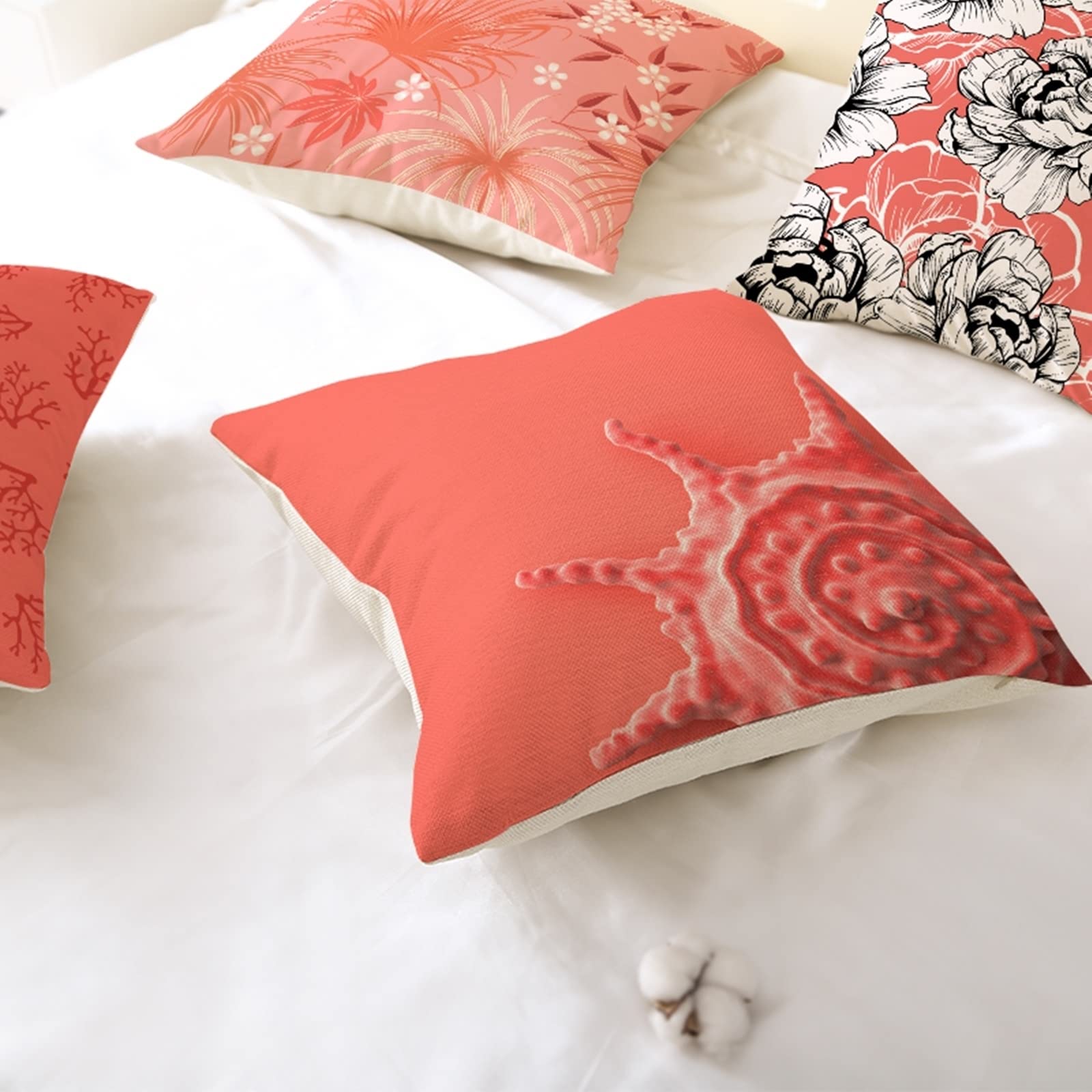6 fundas de cojín divertidas de 45 x 45 cm, fundas de cojín rectangulares de lino con caracola de coral rojo, hoja de diente de león, para sala de estar, sofá o dormitorio