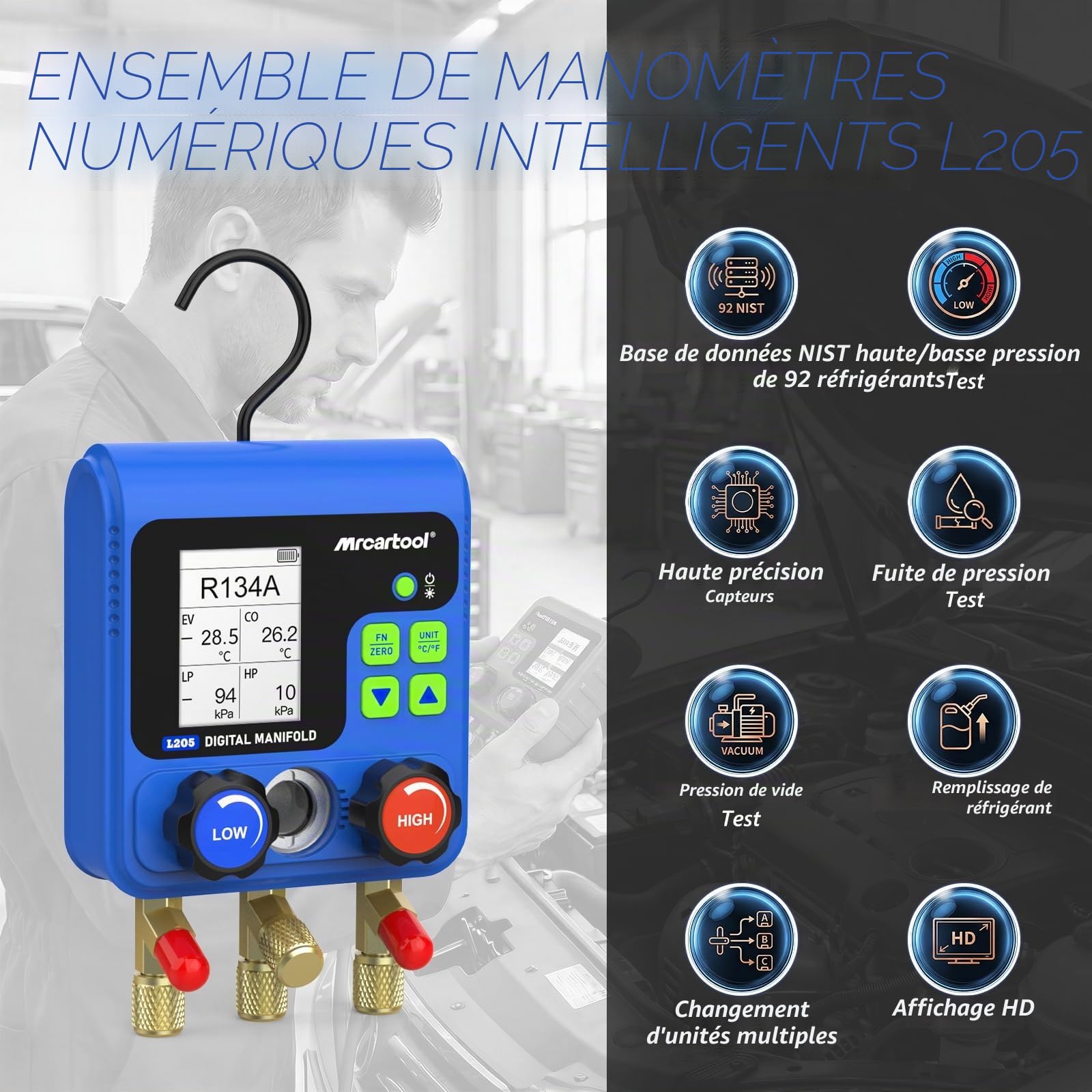 MRCARTOOL Outil de montage de réfrigérant L205 Distributeur numérique pour climatisation avec affichage de 92 réfrigérants HVAC R134A R32 R410A R11 R12 R422 R600
