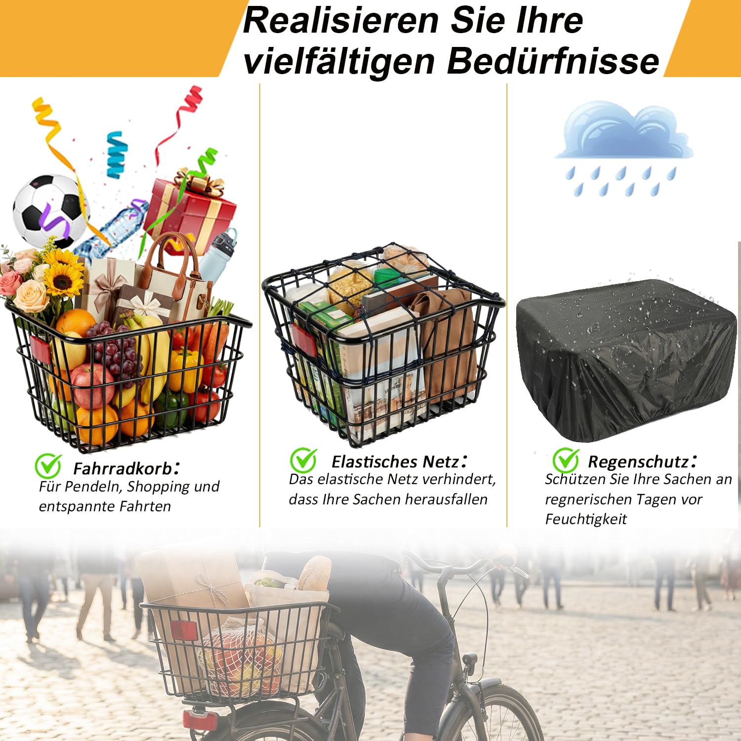 Fahrradkorb für hinten mit Regenschutz und Gepäcknetz. Großzügiger, robuster und langlebiger Metall-Fahrradkorb für die meisten Fahrräder und E-Bikes