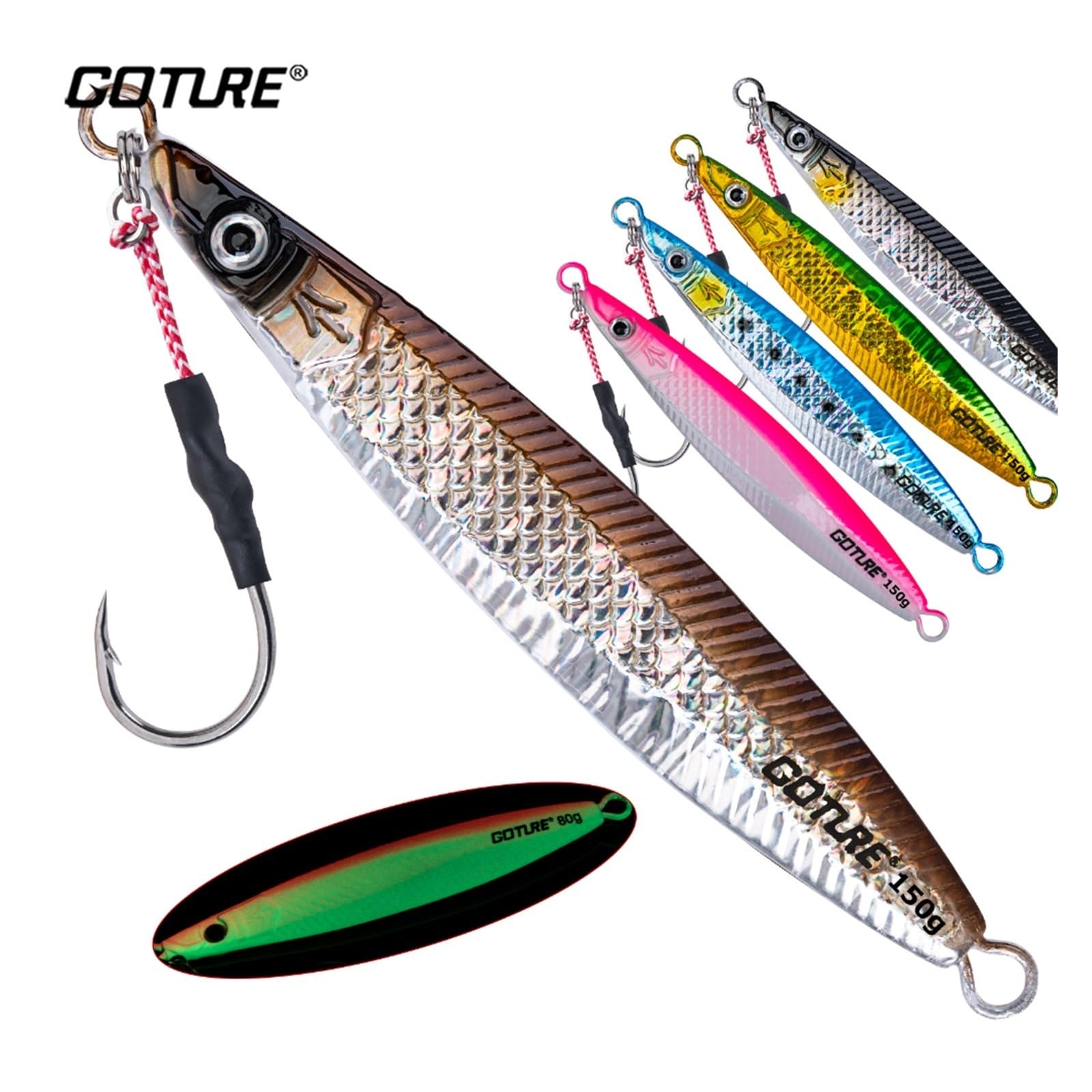 Leurres de Pêche 5 pièces en métal moulé Jig leurre de pêche Ensemble mer gabarits appât Dur 80g/150g/200g for la pêche au Bar en Eau salée appât Artificiel Leurres de Traîne