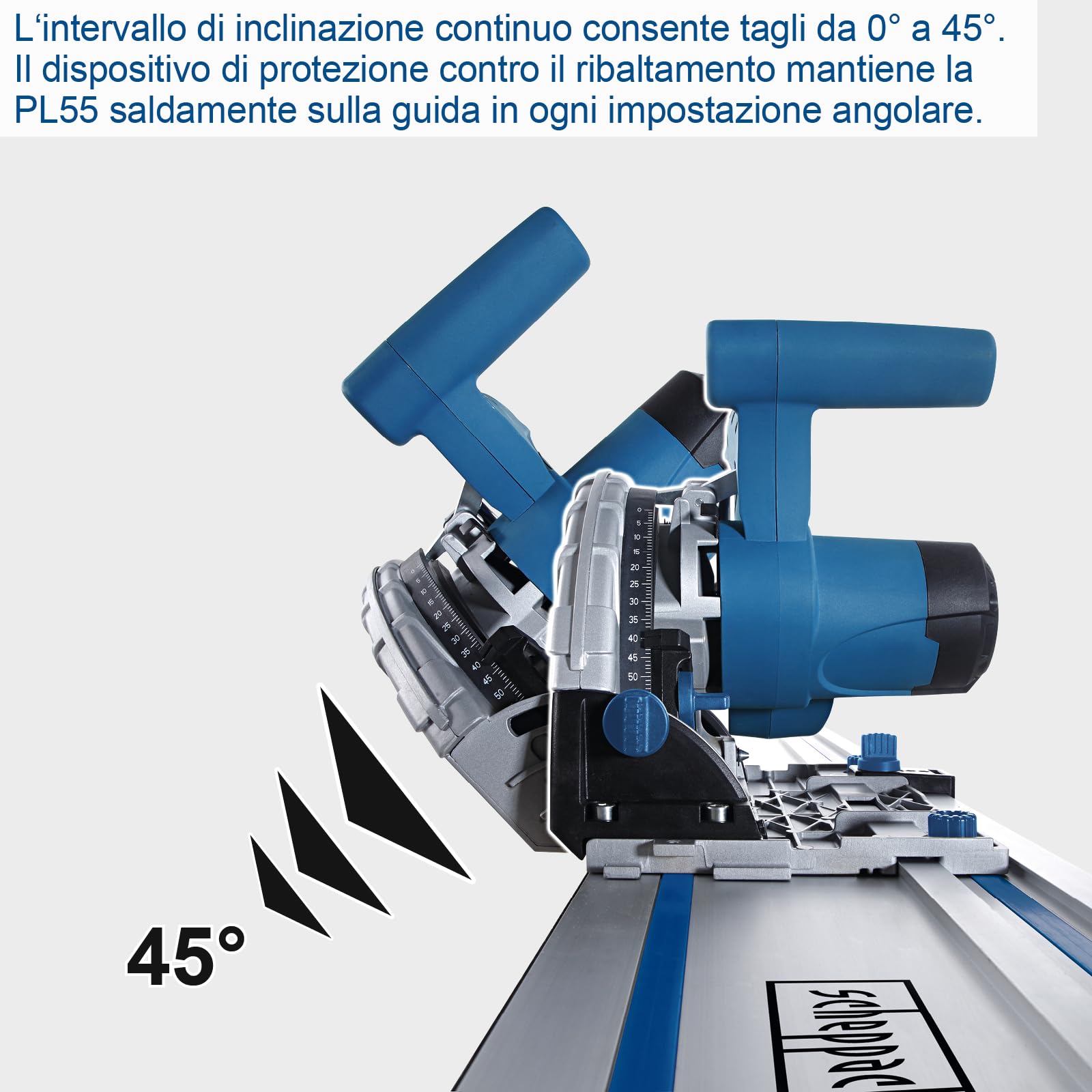 Sega a immersione Scheppach PL55 + 2 guide da 700 mm | Sega a mano/tuffo | Potenza 1200 W | Profondità di taglio 55 mm | Lama Ø 160 mm con 24 denti | Inclinazione con protezione da