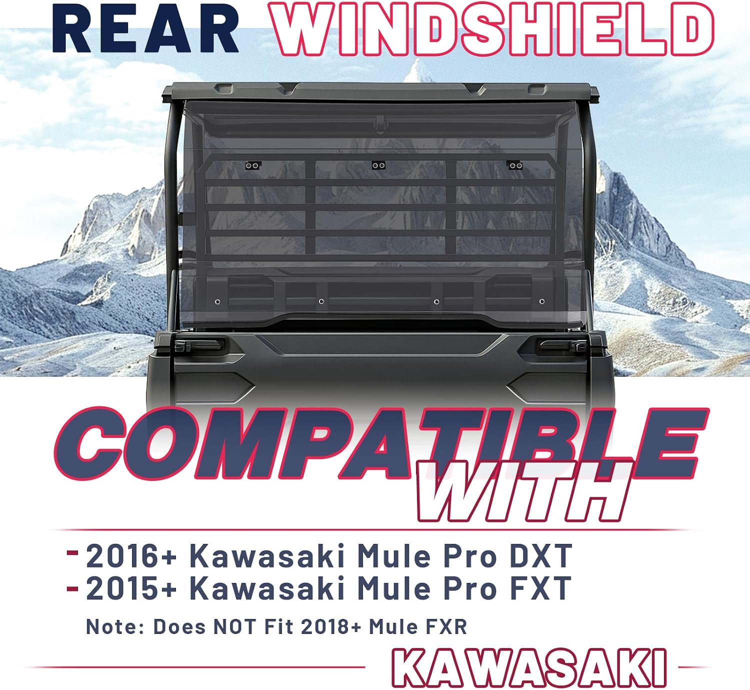UTV Rear Windshield Compatible with Kawasaki Mule Pro FXT 2015+, Kawasaki Mule Pro DXT 2016+ All-Weather Protection Against Flying Mud, Rain and Debris Plastic (PC) Smoke