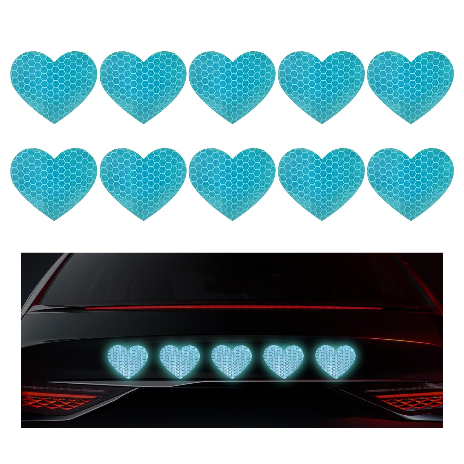 10PCS Vinyl Decal for Cars, High Intensity Reflective Sticker Night Safety Sign Bumper Decals, Waterproof Grid Vinyl Stickers Scratch Cover for Auto Window Laptop (Heart, Green)