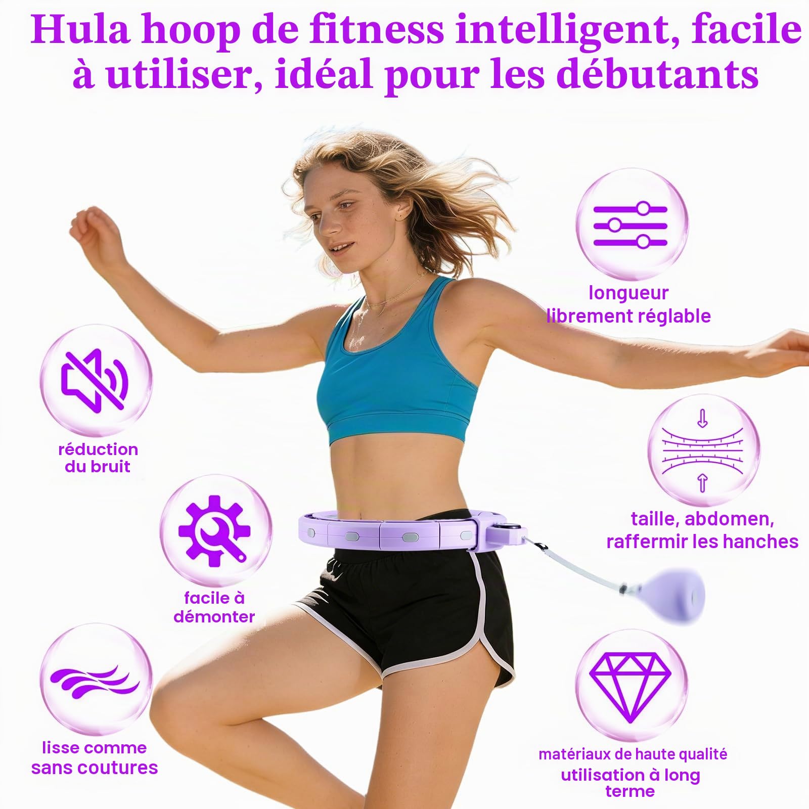 Cerceau Hula Hoop Fitness Intelligent, Cerceau Fitness, pour Les Sports Maison, en Plein Air, Gym, 18 Noeuds Hula Circle Amovible, avec Boule de Poids et Compteur