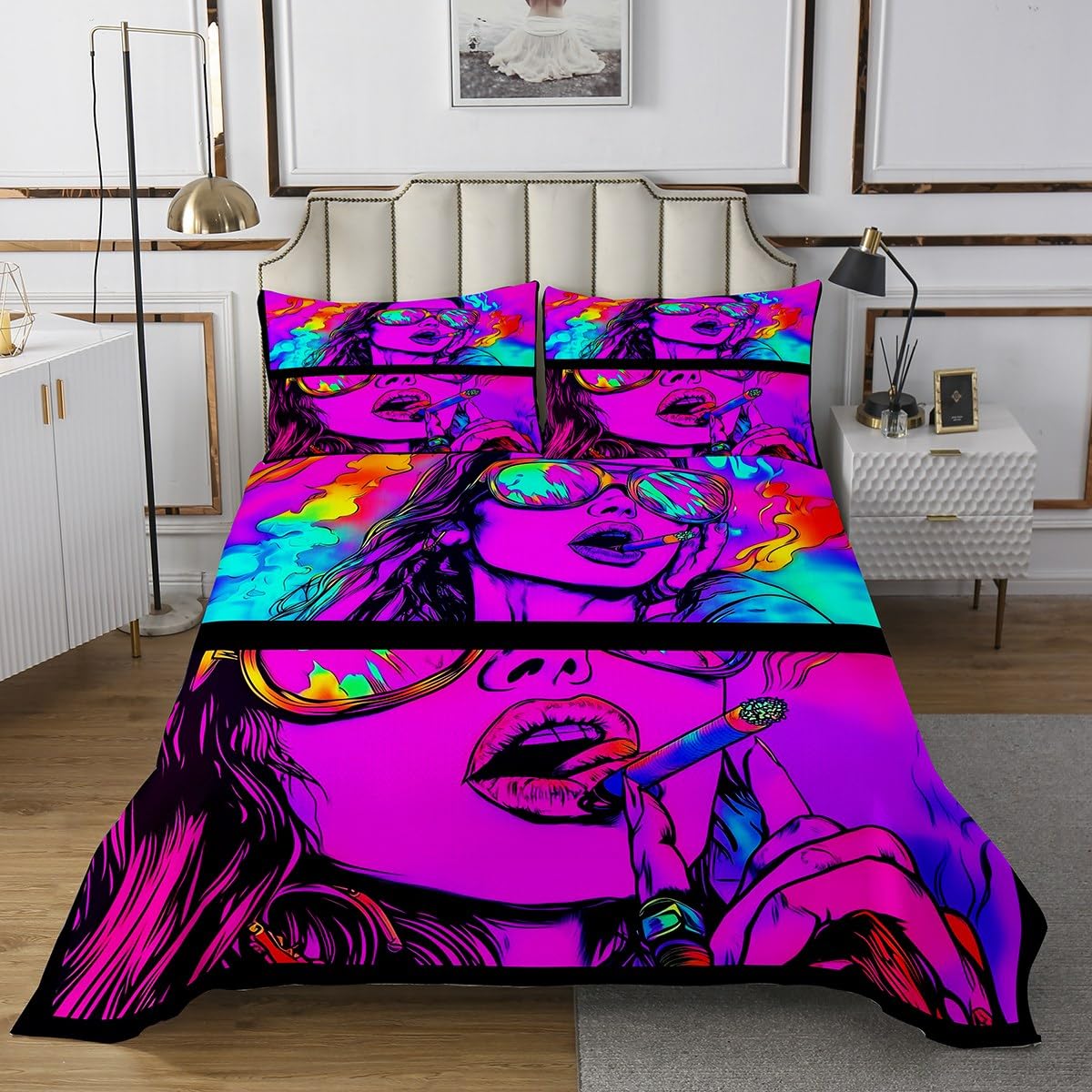 Hippie Style Bedspread Queen Size,Smoke Cool Girl Bedding Sets 3Pcs for Kid Boys Girls Teens Room Deocr,Colorful Neon Mandala Comforter Set Trippy Exotic Coverlet Quilt,2 Pillowcases