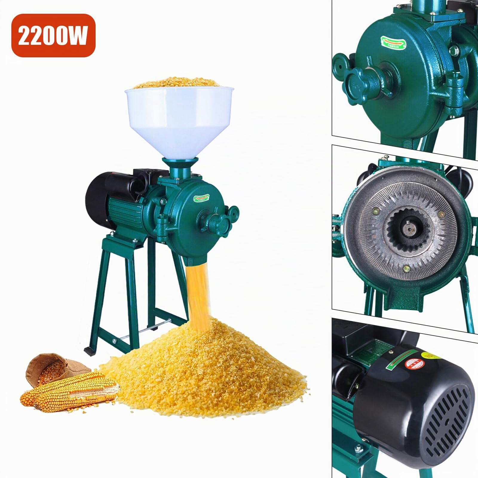 Moulin électrique pour céréales avec moteur puissant de 2200 watts, 50-75 kg/h finesse minimale des particules 0,3 mm, concasseur à céréales avec entonnoir moulin (vert herbe)