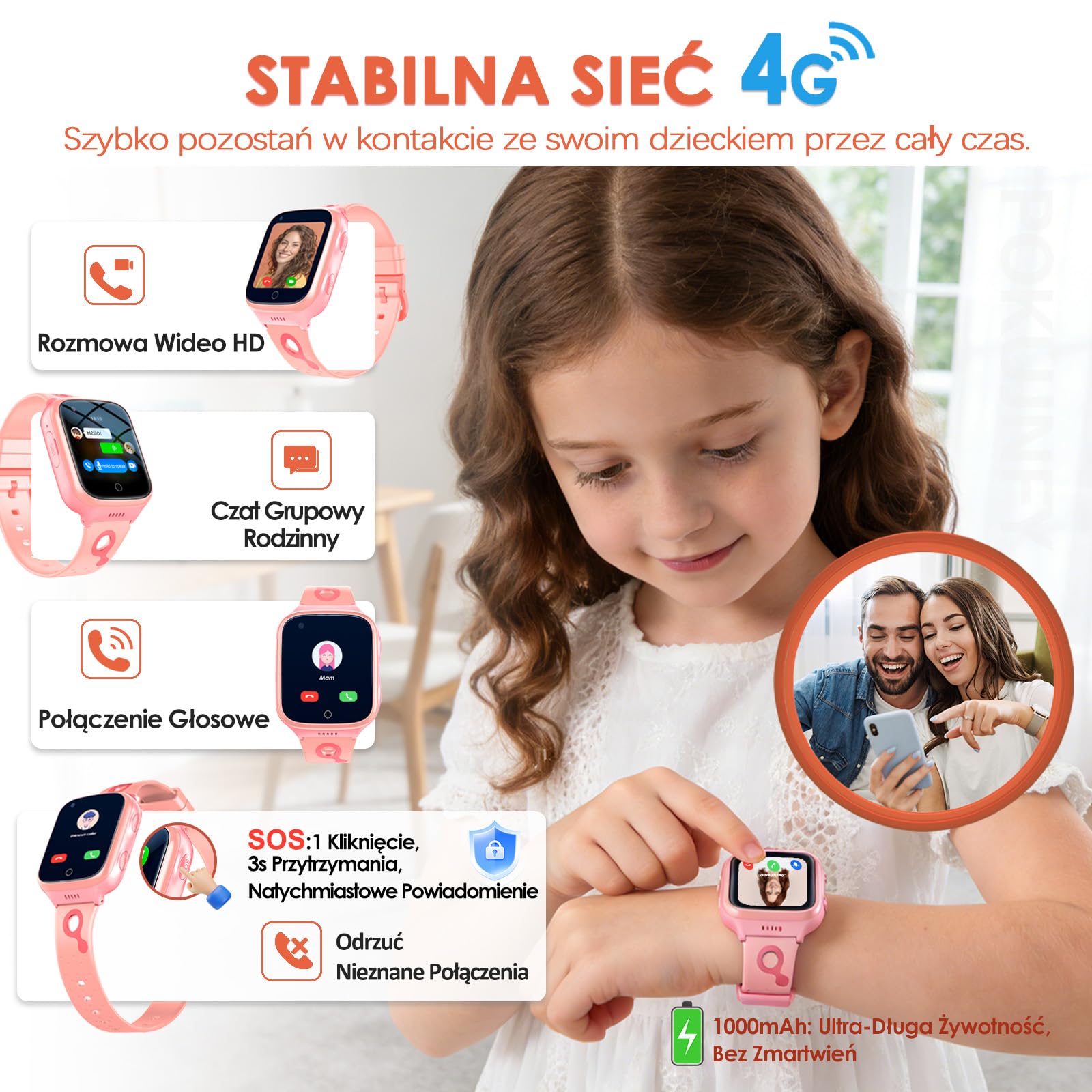 4G Smartwatch dla Dzieci dla Chłopców Dziewczynek - GPS Tracker Rozmowy Wideo Telefon Czat Głosowy SOS Tryb Klasowy Kalkulator Budzik Gra Krokomierz - Cyfrowy Smartwatch Dziecięcy Prezenty