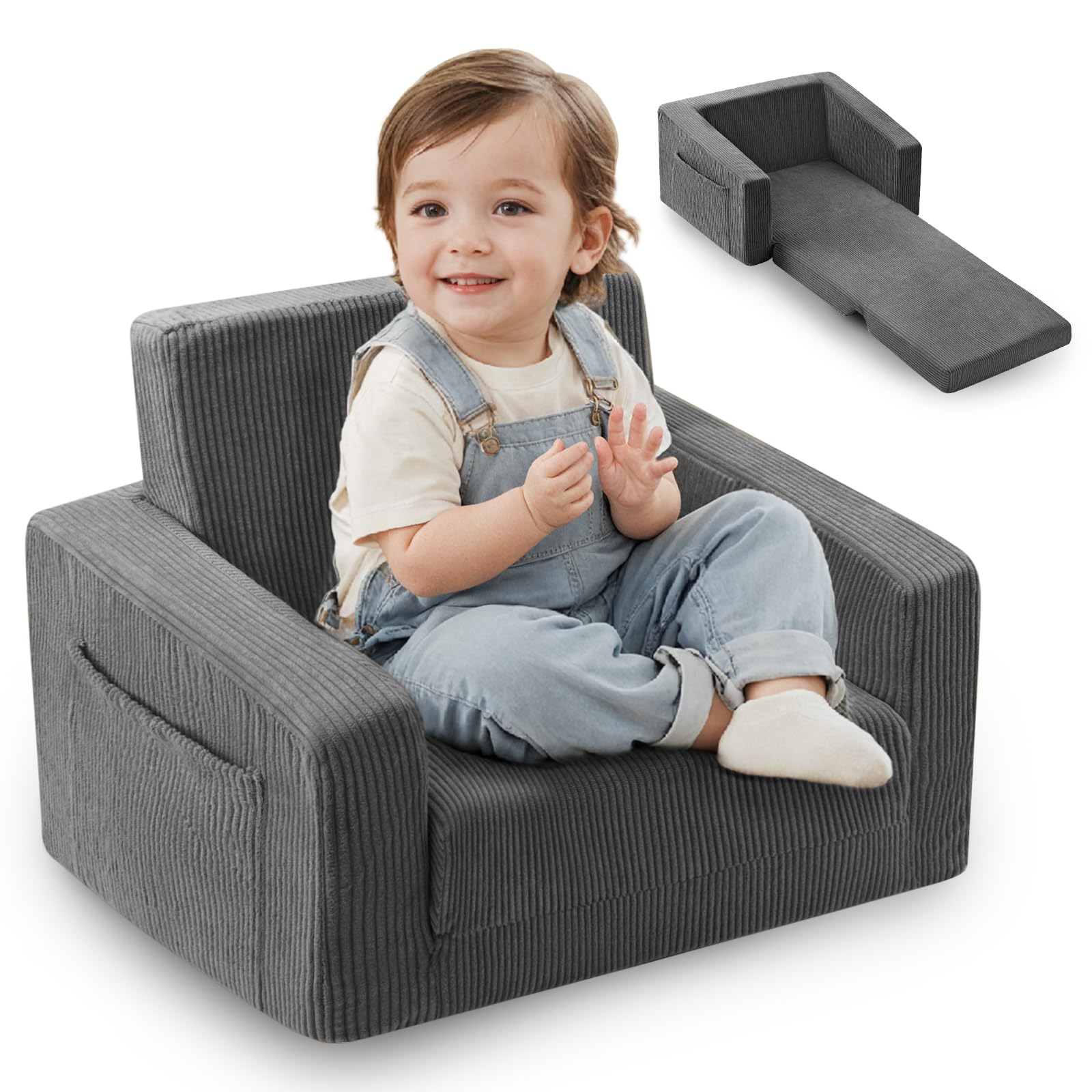 Toddle & Kids Chair,2-in-1 Soft Toddler Couches That Fold Out,Toddler Chairs Comfy 1-3 Years Old,Convertible Sofa to Lounge,Grey