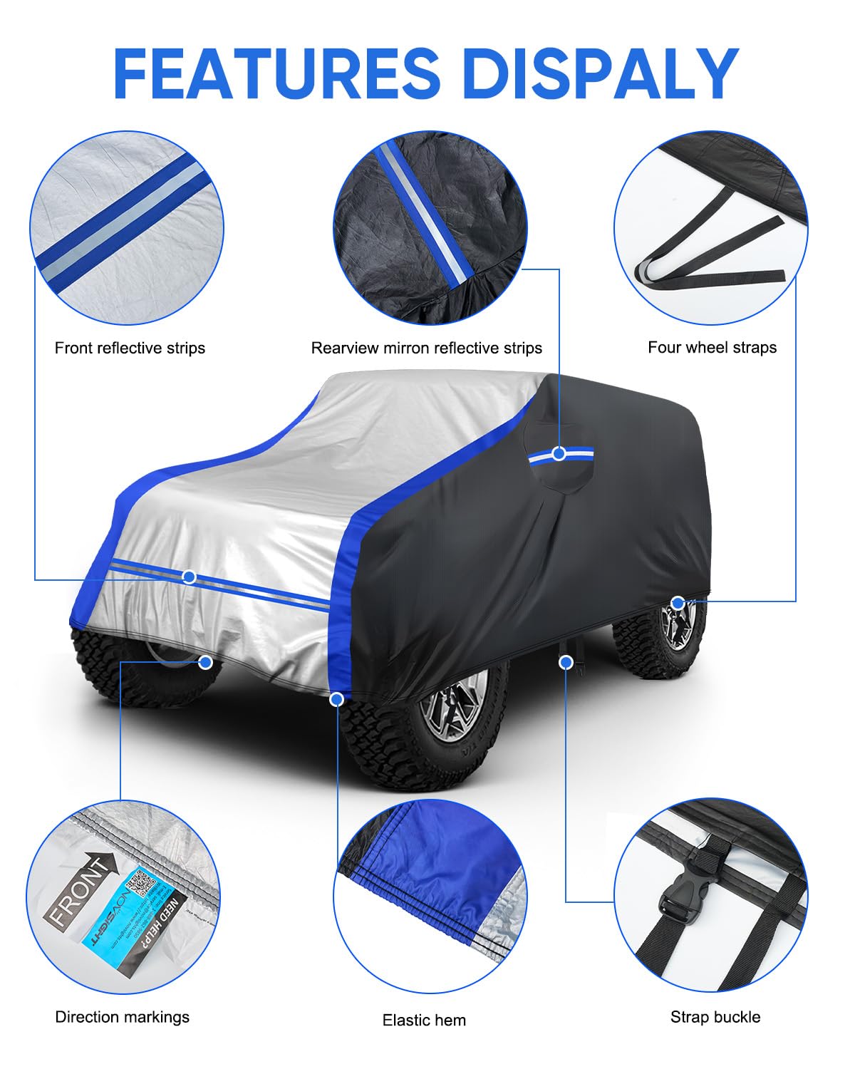 NOVSIGHT Car Cover for Jeep Wrangler 2 Door 2007 2025 JK JKU JL JLU Waterproof All Weather Outdoor — view 7