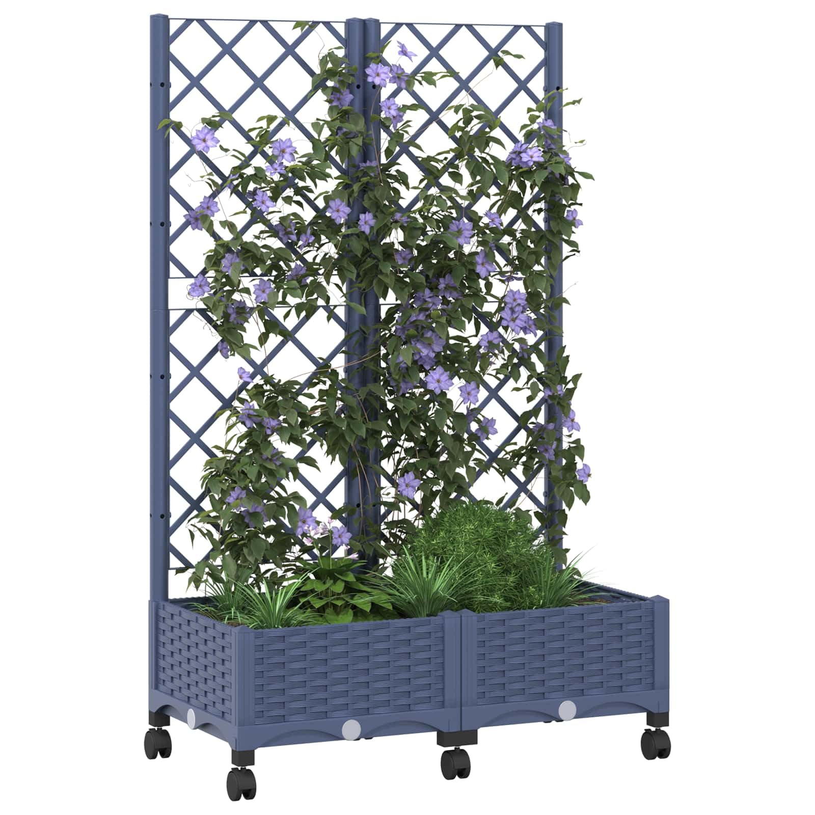 Pojemnik na rośliny ogrodowe z pergolą i kółkami w kolorze niebiesko-szarym 80 x 40 x 131,5 cm do użytku na zewnątrz, idealny do kwiatów, ziół, sukulentów, kaktusów, storczyków i warzyw na