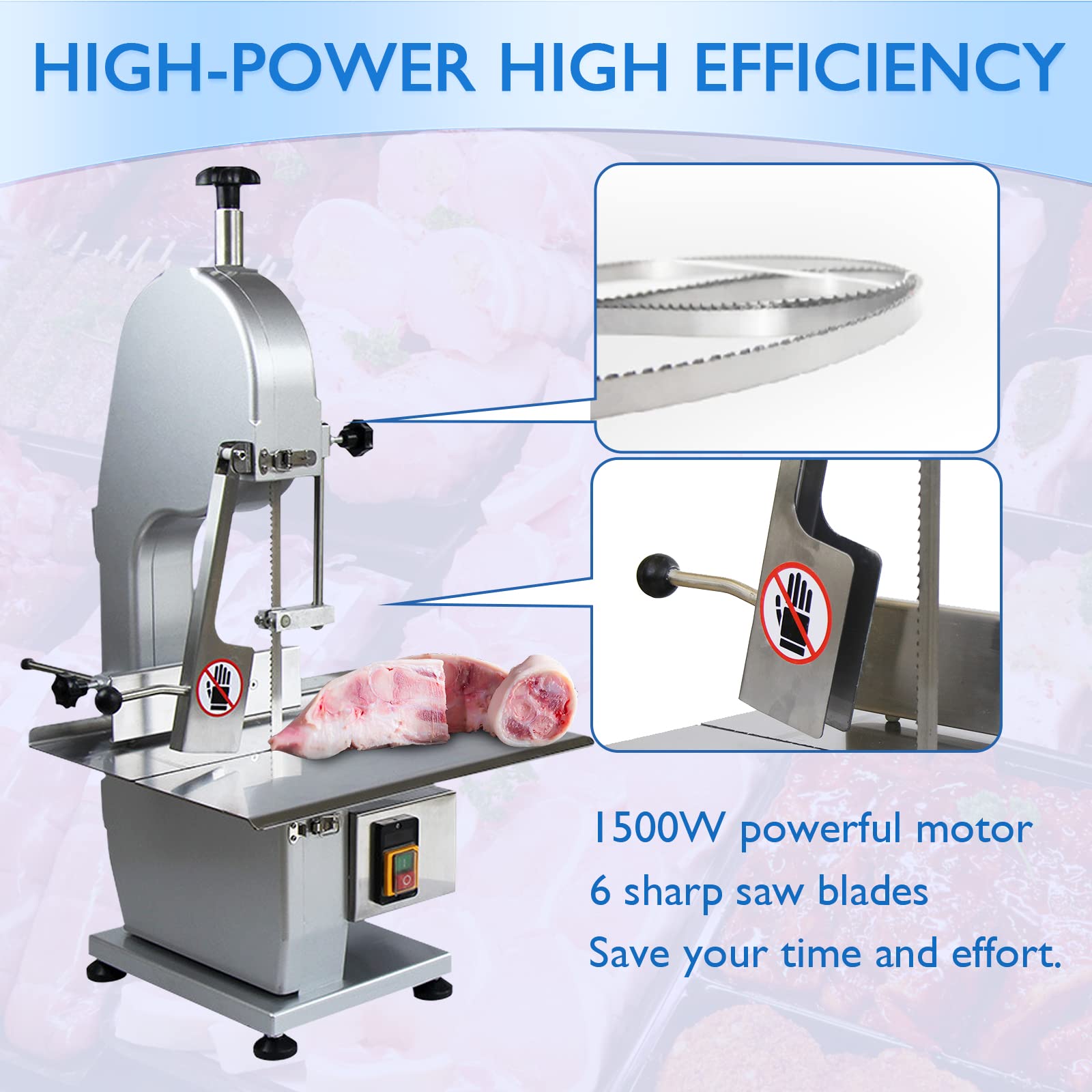 Ezcasch 1500w Electric Meat Bone Saw Machine Frozen Meat Cutting Machine, Thickness Range 0.79-4.33in, Max Cutting Height 7.48in, Automatic Cutter for Bone Fish Rib Frozen Meat, with six sawing blades