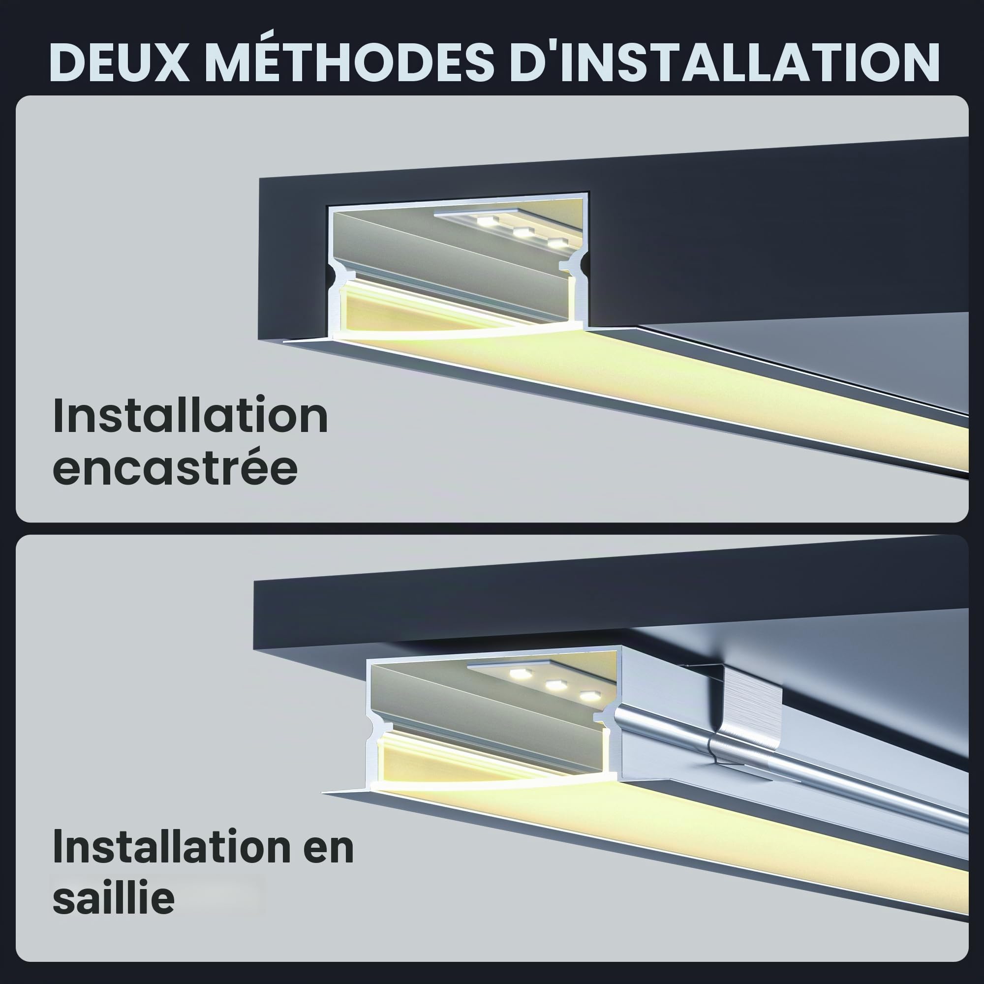 20 x Profilé LED Encastrable 2 m (40 m), Profilés en Aluminium en U pour Ruban led jusqu'à 15 mm, 26,7 x 10 mm, Rail Led avec Diffuseur LED en PC, Idéal pour Plafond et Installation Encastrée
