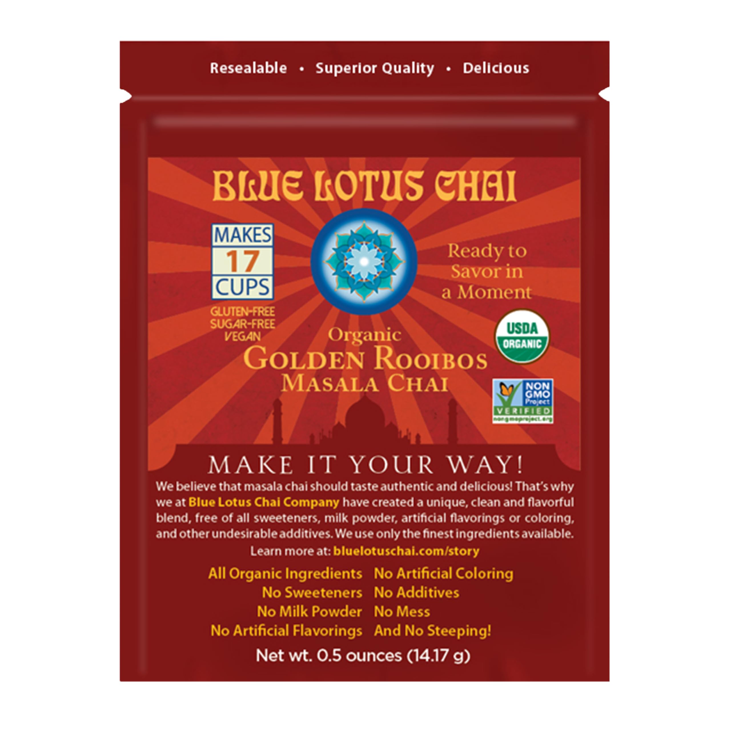 Blue Lotus Chai - Golden Rooibos Flavor Masala Chai - Makes 17 Cups - 0.5 Ounce Masala Spiced Chai Powder with Organic Spices - Instant Indian Tea No Steeping - No Gluten