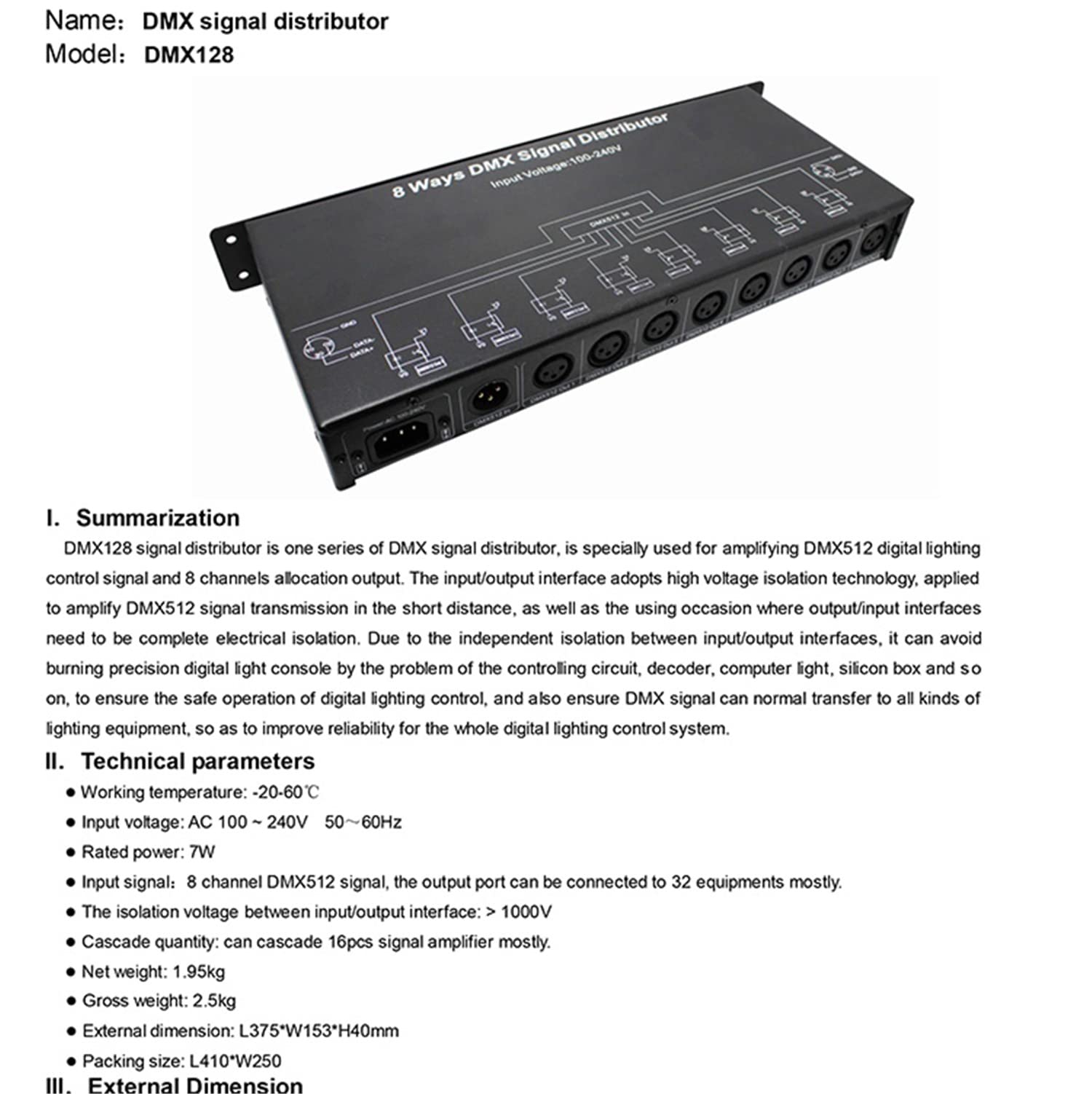 Controller per luci da palcoscenico professionale DMX512 Splitter per amplificatore di segnale luminoso Distributore DMX a 8 vie per apparecchiature da palcoscenico