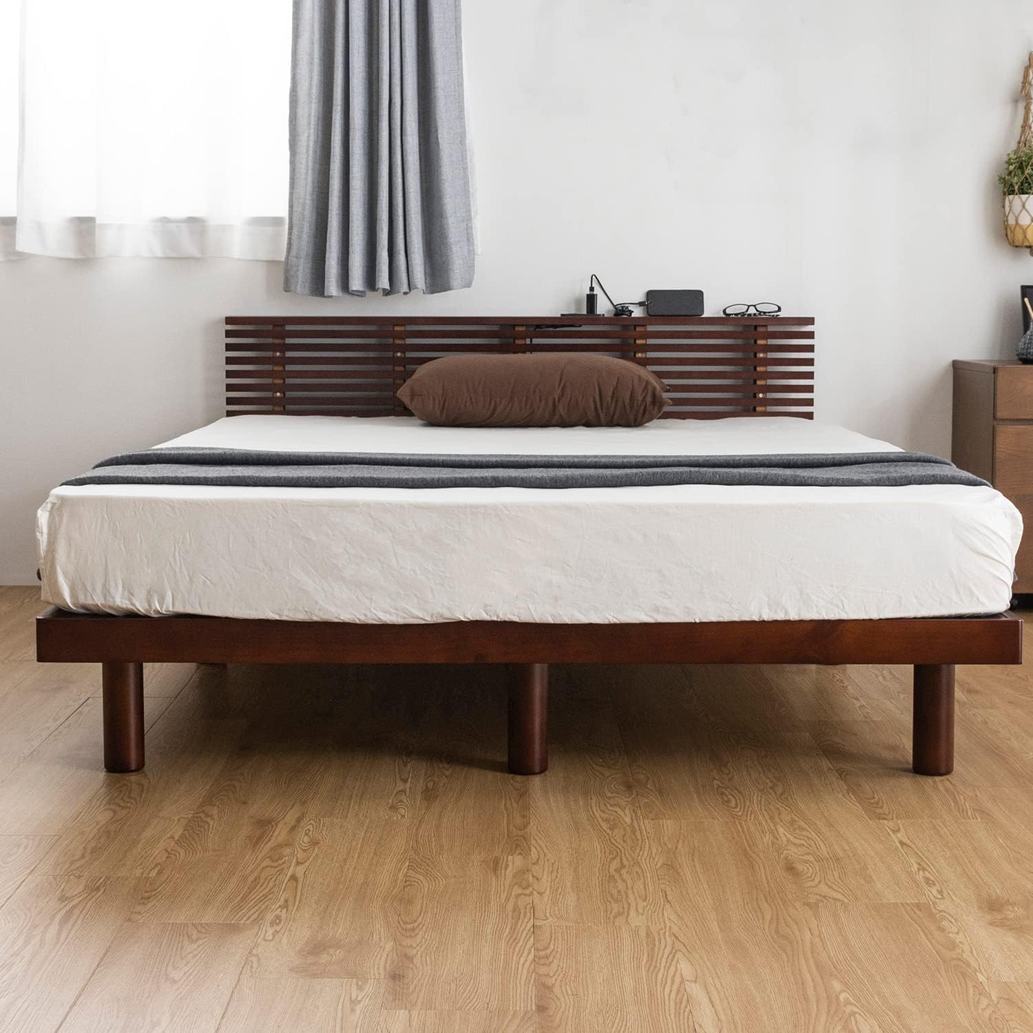 Amazon｜ダブル すのこベッド すのこ ベッドフレーム 高さ調節 棚付き コンセント シンプル ダブルベッド グレー 北欧風 韓国風