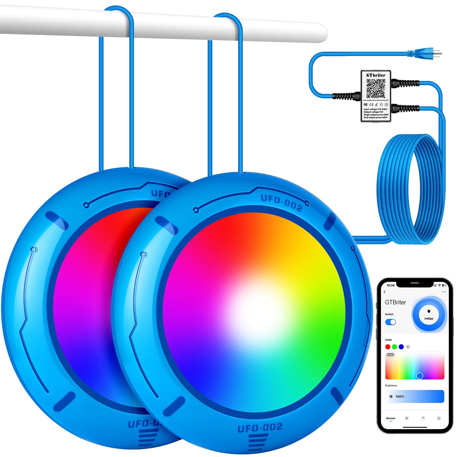 Above Ground Pool Lights with APP Control 40W RGB Dimmable LED Pool Lights with Suction Cups and Built-in Magnets 12V Underwater Pool Light for Above ground Inground Pools IP68 Waterproof 28FT Cord