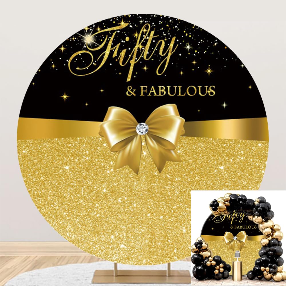 DORCEV 6.5x6.5ft Women Happy 50th Birthday Round Backdrop Cover Polyester Aged to Perfection 50 Black Gold Photography Background Fifty and Fabulous