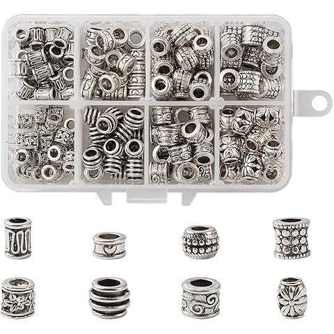Craftdady 190Pcs Antique Silver Spacer Beads 8 Styles Tibetan Large Hole Column Tube Barrel Metal Charm Beads Hole: 4-5mm Fit European Charm Snake Chain Bracelet Jewelry Making