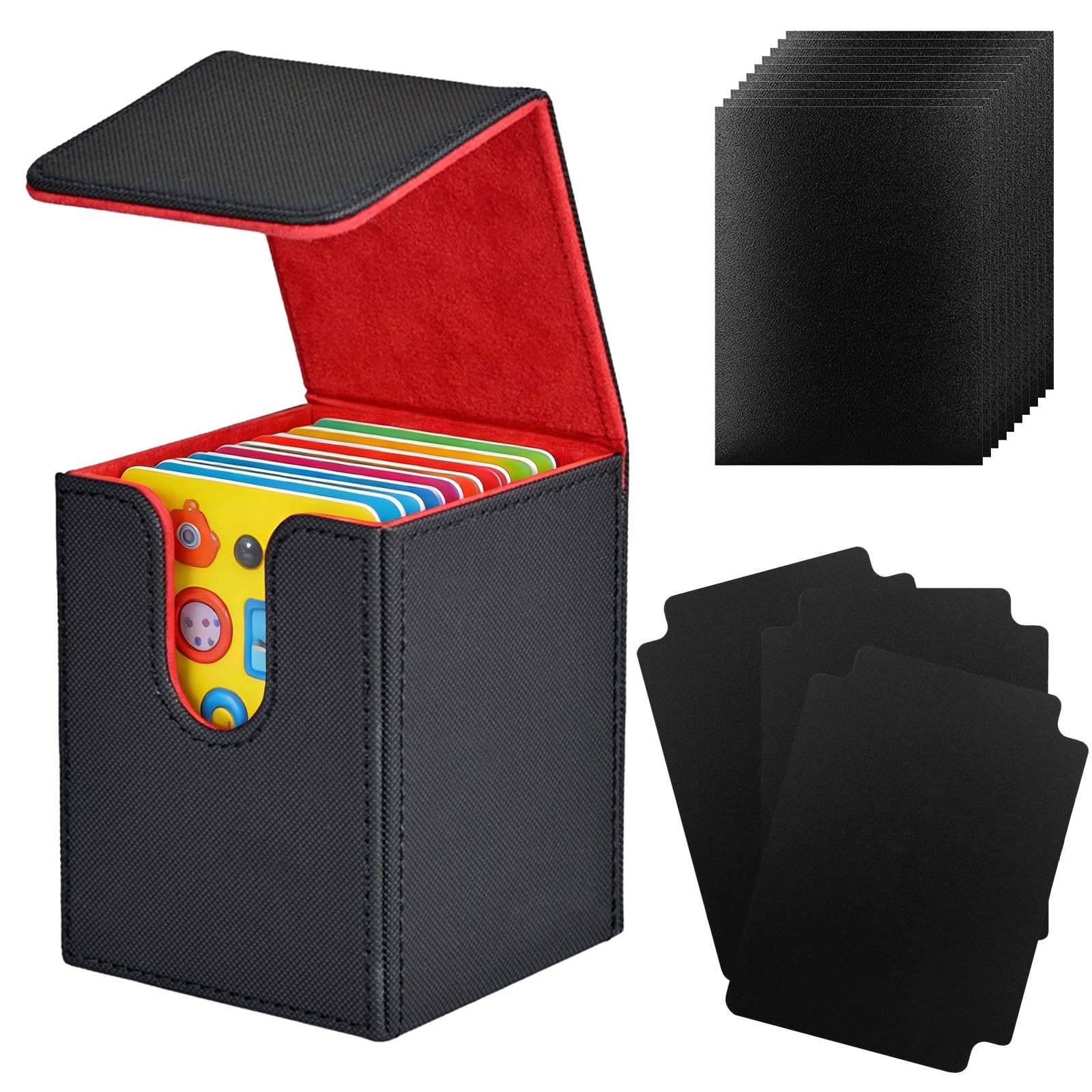 BORISCA Card Deck Box für MTG, PU Leder Karten Aufbewahrungsbox für 100 Hüllen Karten, Schwarz Rot Kartenbox Spielkarten mit 3 Kartentrenner, Sammelkarten Box Karton mit 100 Kartenhüllen