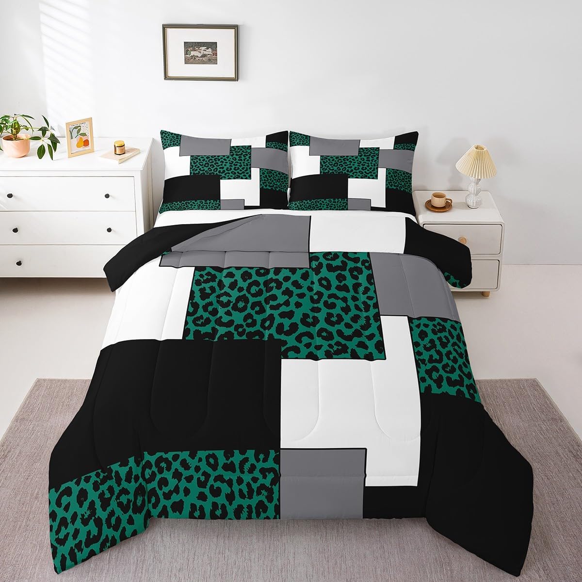 Erosebridal Modern Farmhouse Bedding,Black Grey Striped Comforter Set Queen,Geometric Bedding Comforter Sets,Leopard Pattern Reversible Duvet Insert with 2 Pillowcases Lightweight