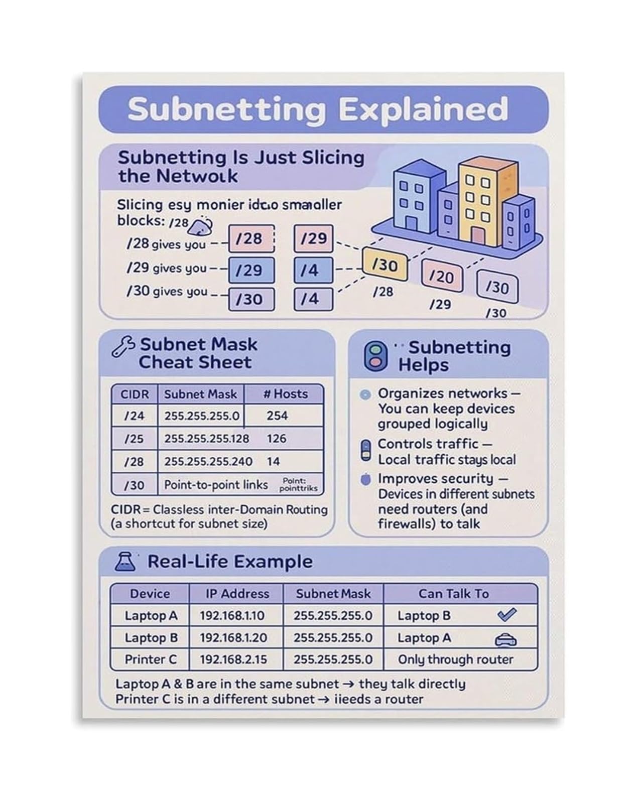 RNUMLIGH Network Subnetting Explained Poster IP Addressing CIDR Guide Subnet Prefix Reference and Network Slicing Tutorial Canvas Wall-Art for IT Office Decor(Unframed,08x12inch(20x30cm))
