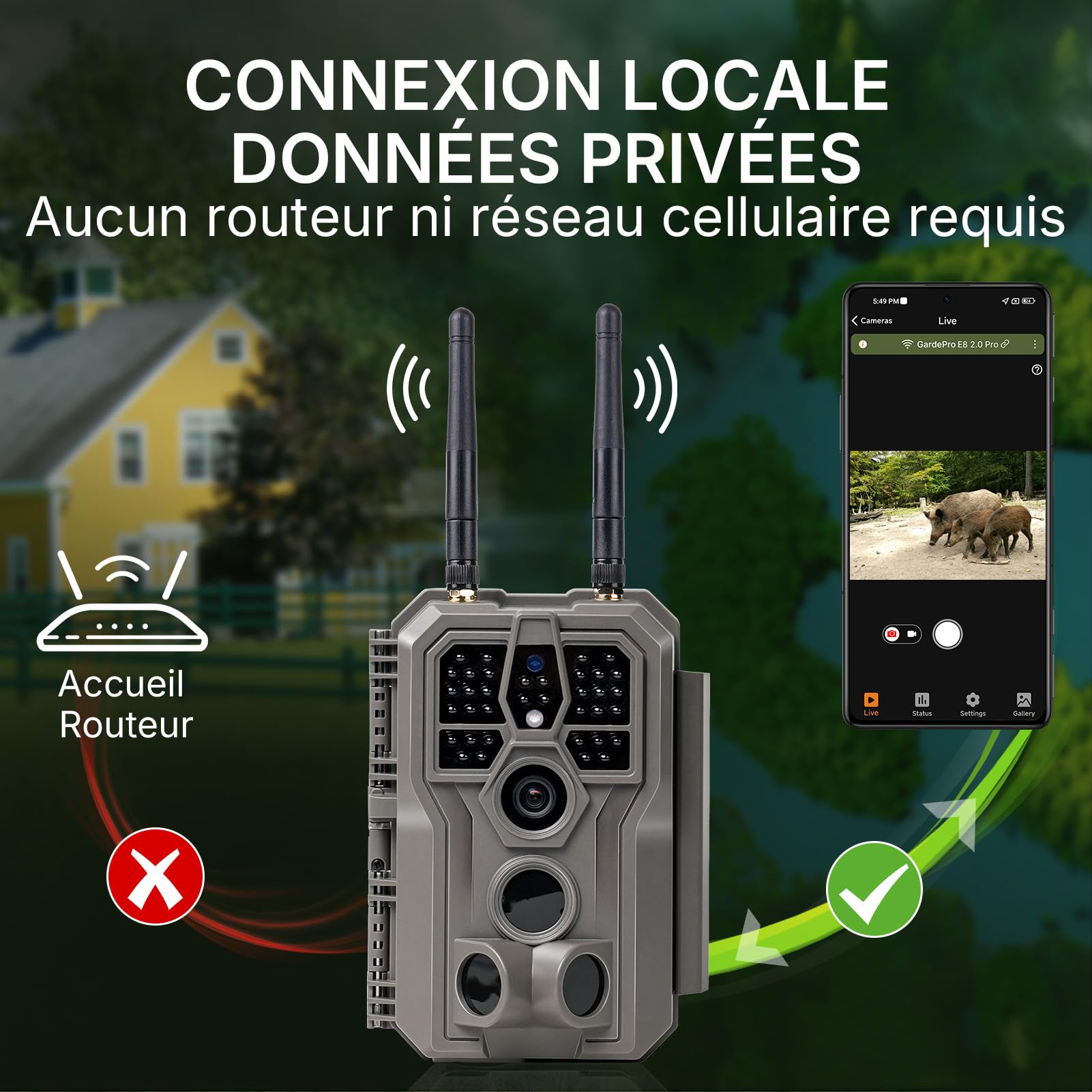 GardePro E8 2.0 Pro 4K Camera de Chasse WiFi, Batterie de 7800 mAh | Portée WiFi de 50 Mètres, 64MP Caméra de Chasse Connectée Telephone, Camera Vision Nocturne Animaux Exterieur