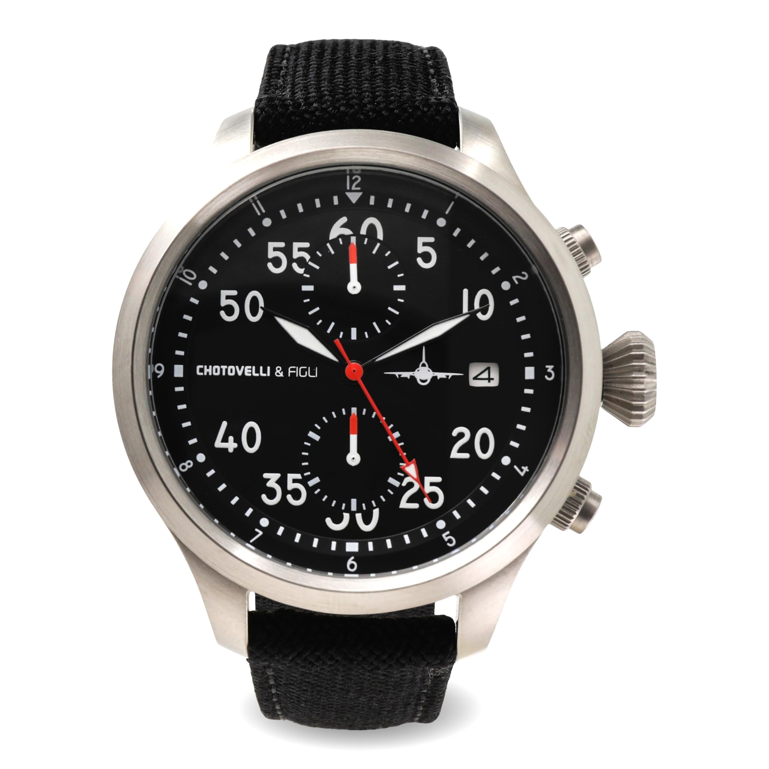 chotovelli Pilot Tool Watch - Cronografo, cristallo zaffiro, corona a vite, cinturino in tela (3400.11), Verde, Retro