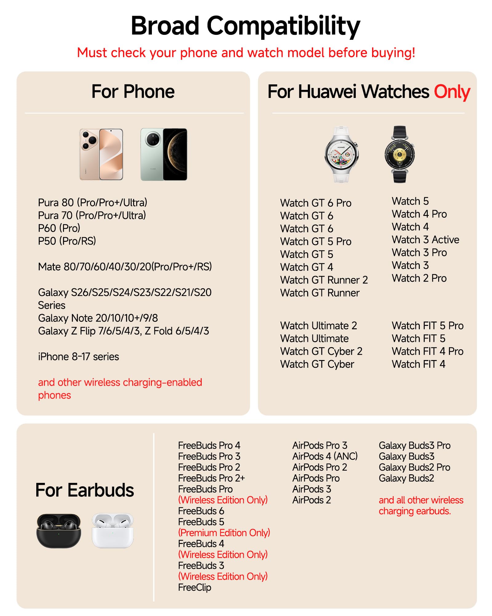 SwanScout Bezprzewodowa Ładowarka do Huawei, stacja ładowania 3 w 1 dla P80/P70/P60/P50/Mate 80, podstawka ładująca dla Huawei Watch GT 6/GT 5/5/4/3, do słuchawek, SwanScout C01HW