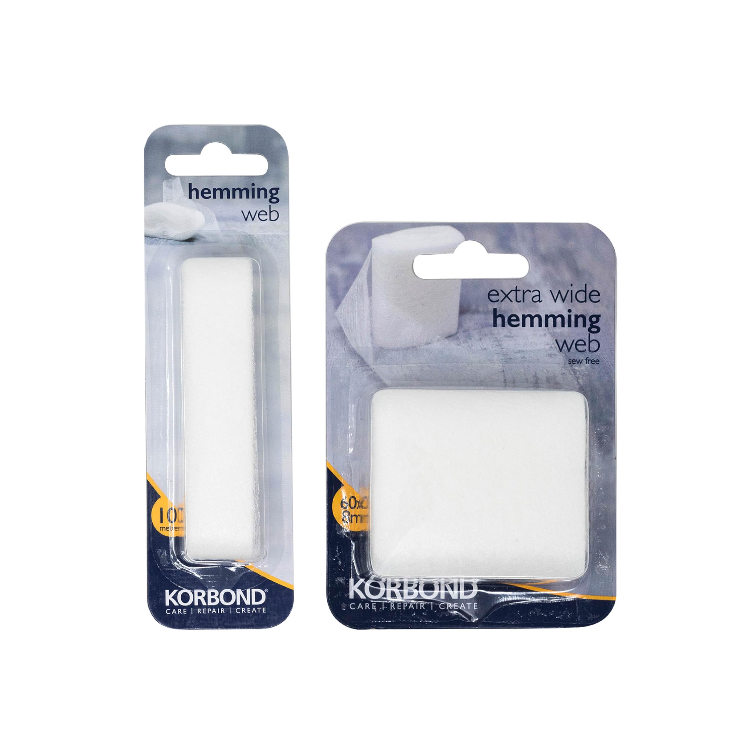KORBOND Hemming Web Set - SEW FREE HEMMING - 18m Total - 8m x 60mm plus 10m x 20mm - Extra Wide and Standard width - Suitable for Clothing and Curtains, White, 114101