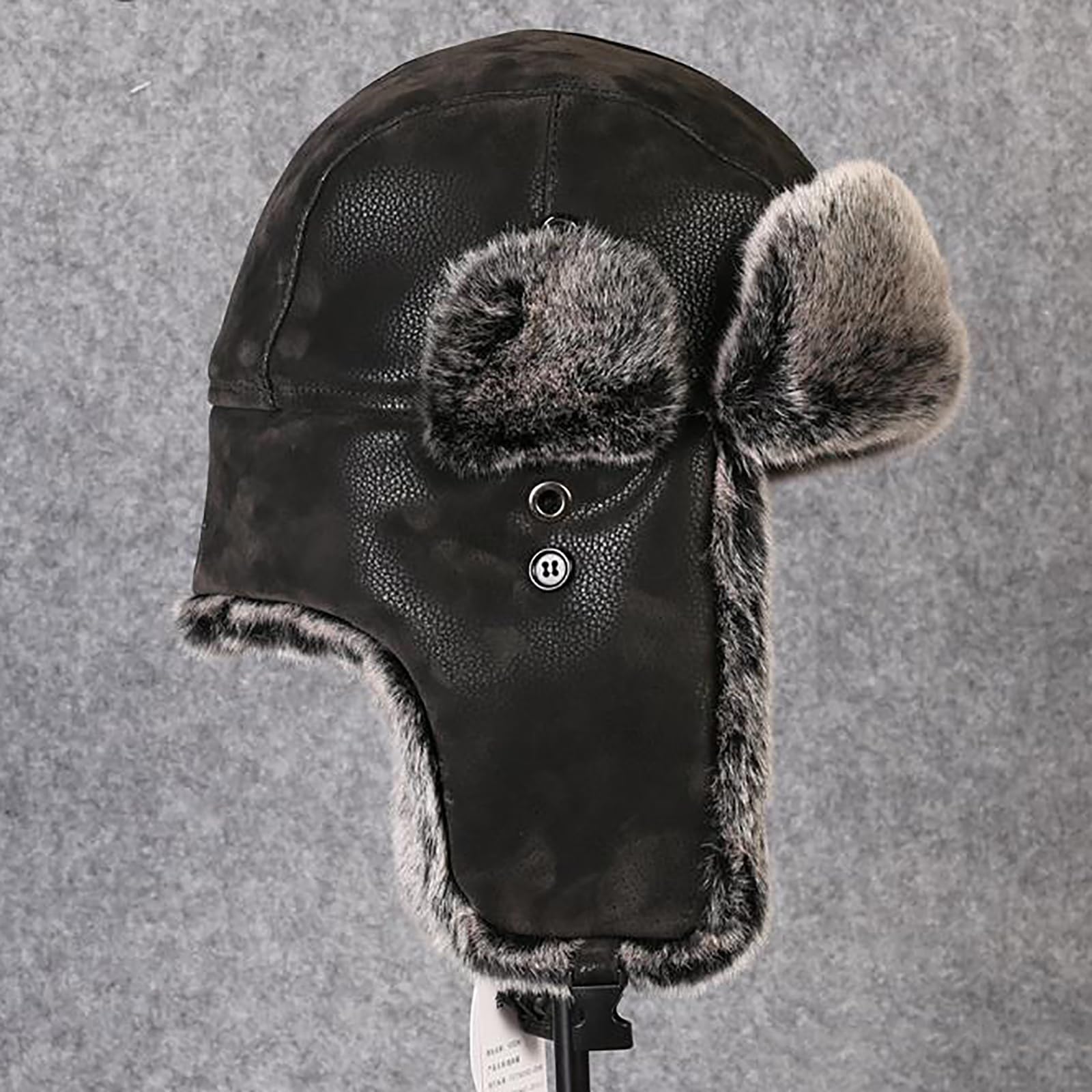 Cappello Aviatore Pelle Unisex Caldo Antivento Berretto Cappelli Russo Invernale(Size:56cm/22.0in,Color:Nero-A)