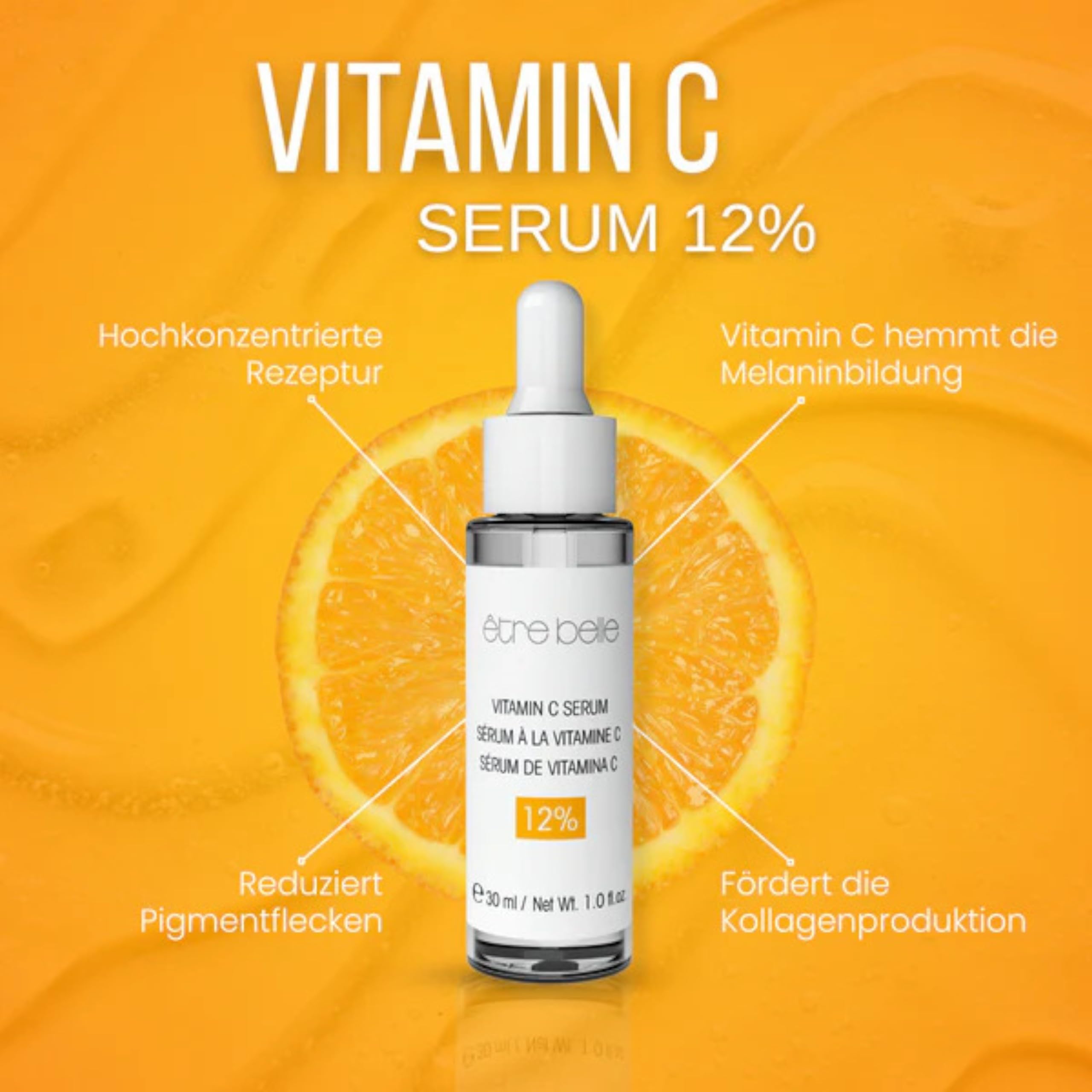 Etre Belle 12% Vitamin C Serum 30 ml – Für strahlenden, ebenmäßigen Teint – Reduziert Pigmentflecken & feine Linien – Unterstützt Kollagenbildung – Mit Hyaluronsäure für intensive Feuchtigkeit