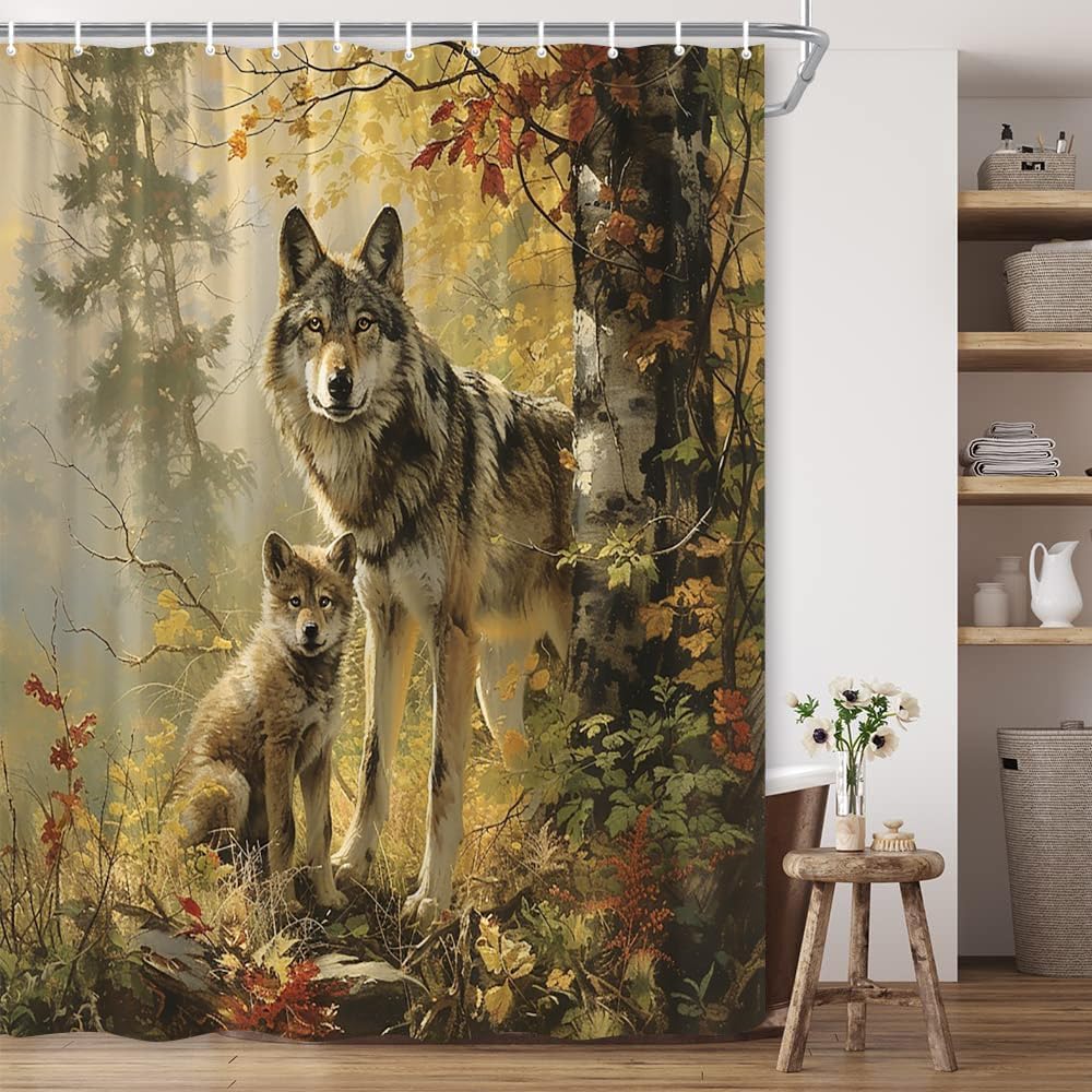 Forest Wolf Shower Curtain Wildlife Wolves Foggy Mountain Maple Tree Jungle Animal Natural Scene Polyester Fabric Bathroom Decor 70×78 Inch with Hook